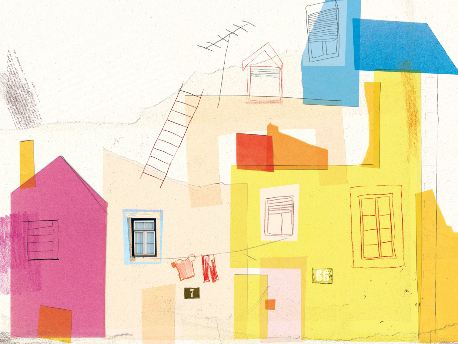 ILUSTRAÇÃO "RUELAS, BECOS E JANELAS" MARIANA JACINTO Desenho abstrato de casas coloridas e detalhes arquitetónicos