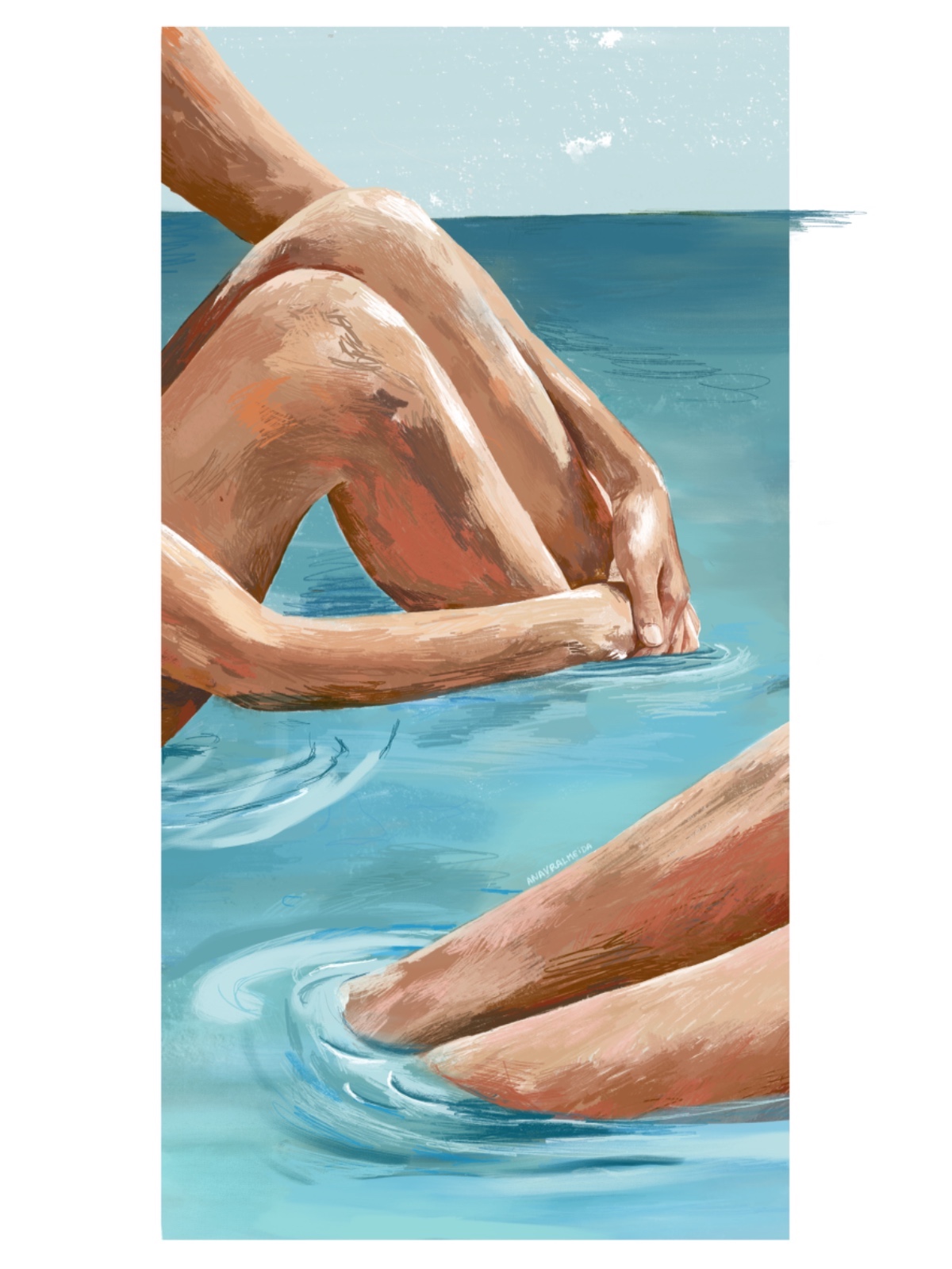 ILUSTRAÇÃO "CAIA" ANA LUÍSA ALMEIDA Ilustração digital de braços e pernas dentro de água azul clara