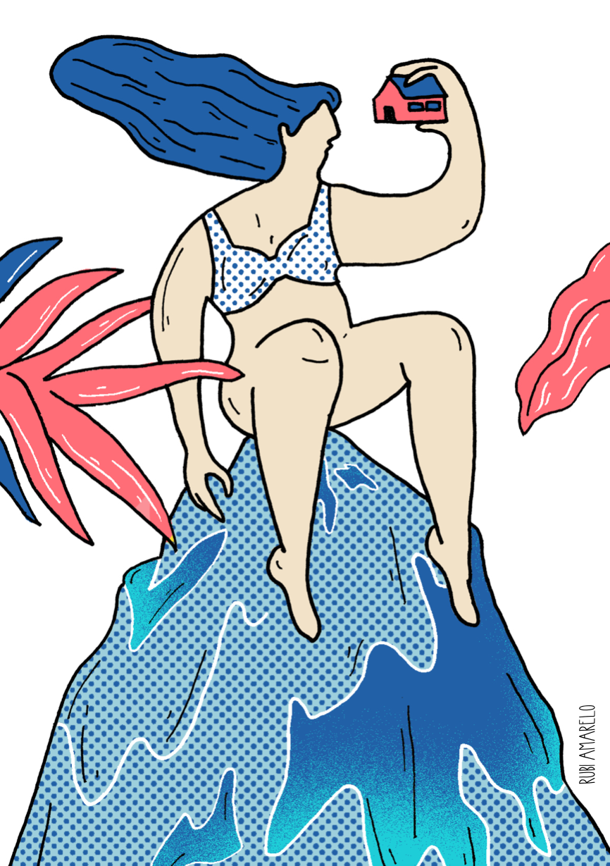 ILLUSTRATING FOR UKRAINE 74 🇺🇦 Ilustração de mulher com cabelo azul segurando uma casa rosa sentada numa formação azul com folhas vermelhas.