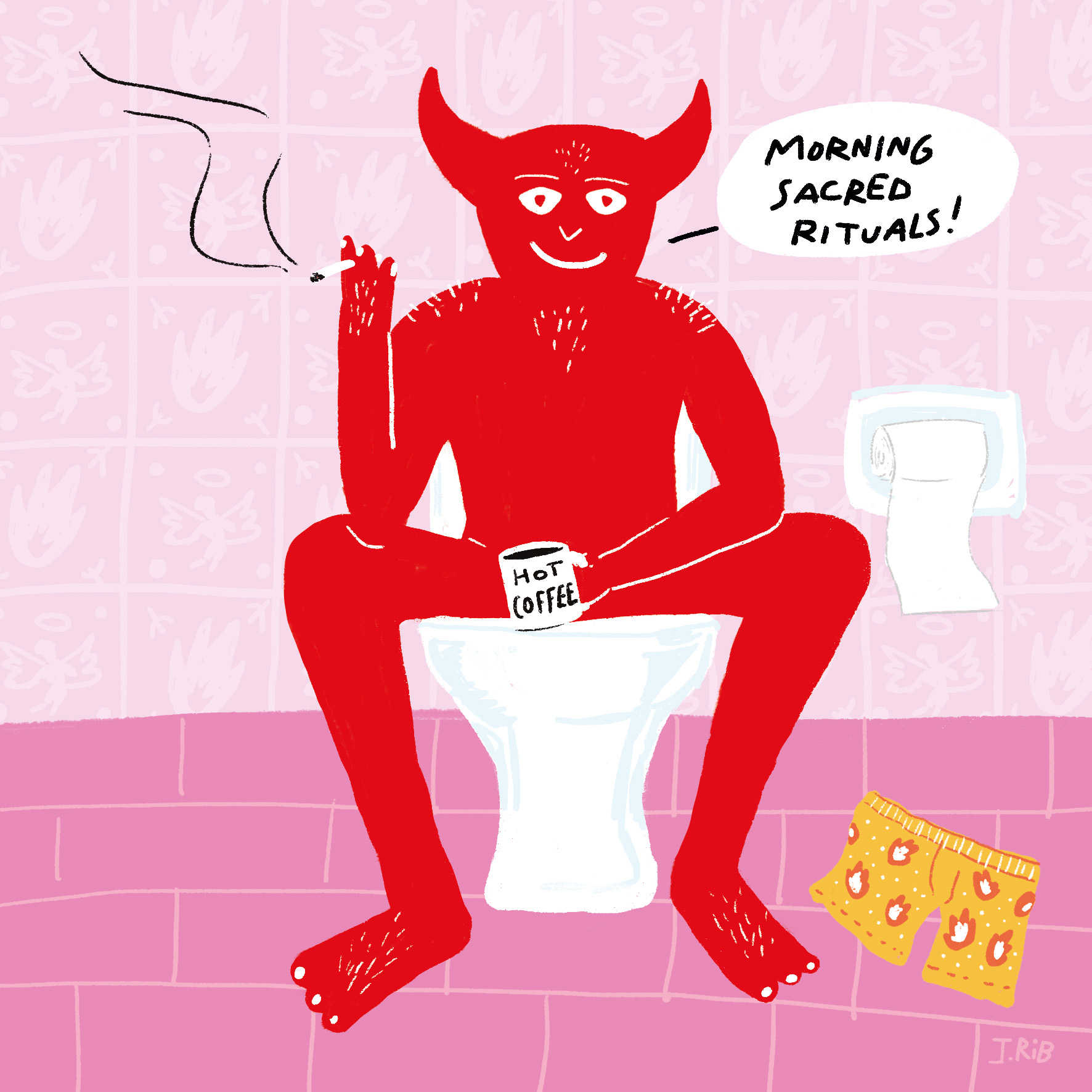 AZULEJO "MORNING SACRED RITUALS" JEFFERSON RIB Ilustração de figura vermelha com chifres sentada em sanita segurando caneca HOT COFFEE e cigarros com texto MORNING SACRED RITUALS!