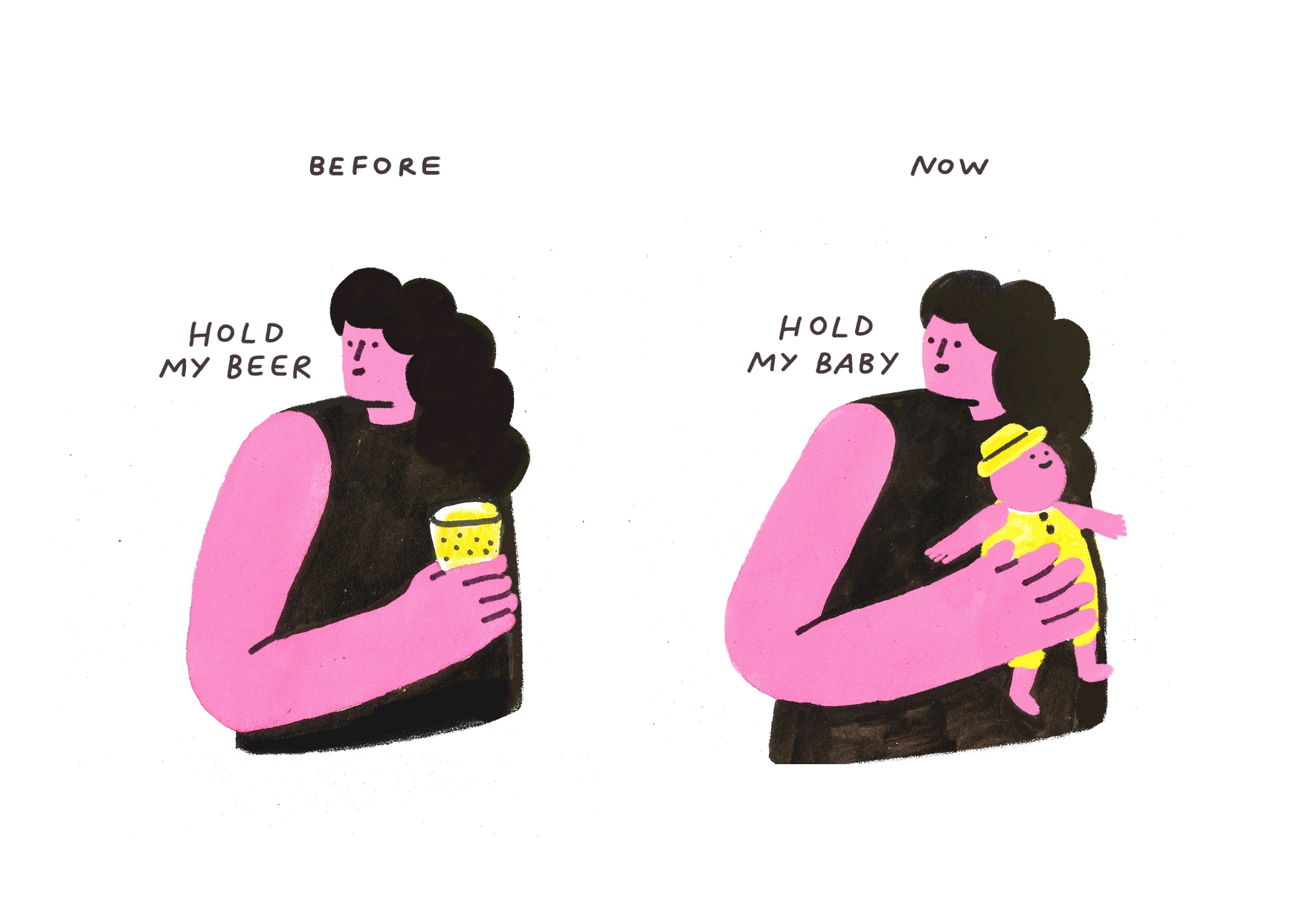 ILUSTRAÇÃO "#4AGRAVIDEDETODOS" GABRIELA ARAÚJO Ilustração da mulher a segurar um copo e depois a segurar um bebé.