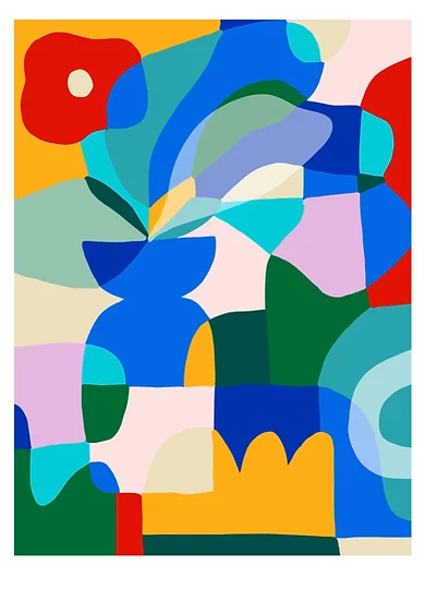 ILUSTRAÇÃO "RED POPPY ON BLUE VASE" TERESA REGO Imagem abstrata colorida com formas geométricas variadas