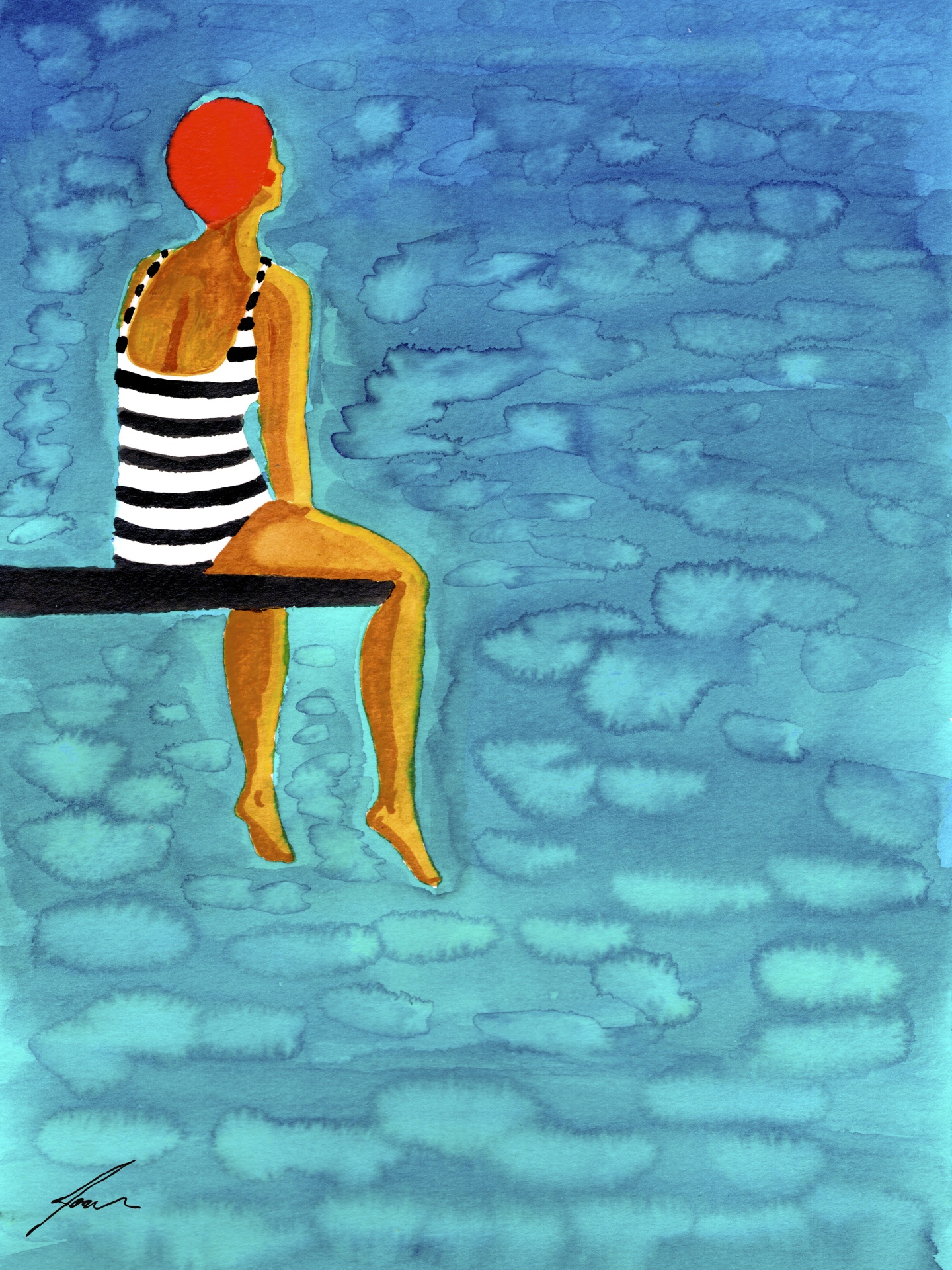 ILUSTRAÇÃO "ESPERA" JOANA NÓBREGA Pessoa sentada de costas com fato de banho às riscas sobre água azul