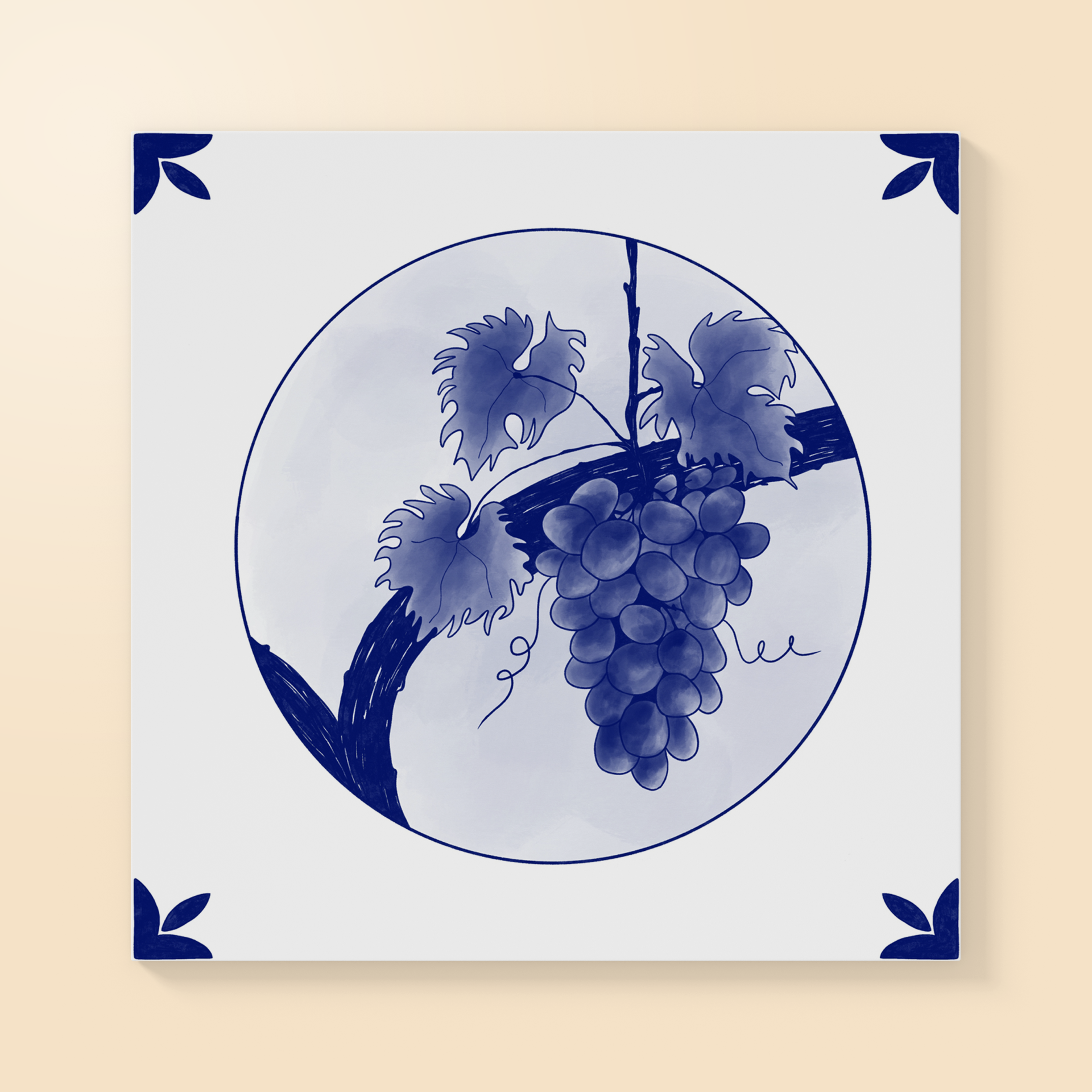 ILUSTRAÇÃO "DOURO II (UVAS)" SUSANA SILVA Azulejo branco com pintura azul de cachos de uvas e folhas