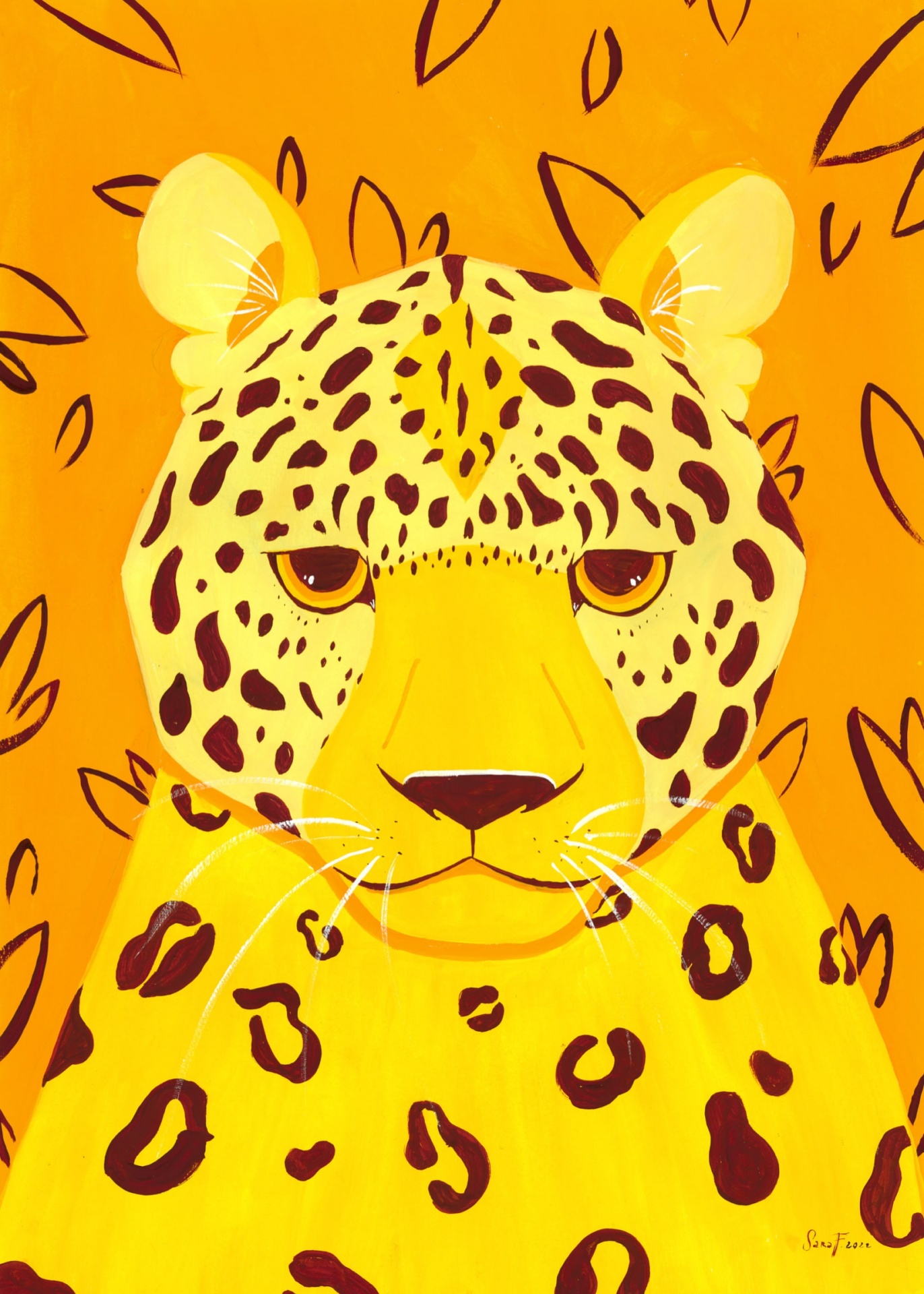 ILUSTRAÇÃO "LEOPARDO DE AMUR" SARA FELGUEIRAS Ilustração artística de um leopardo amarelo com manchas pretas sobre fundo laranja