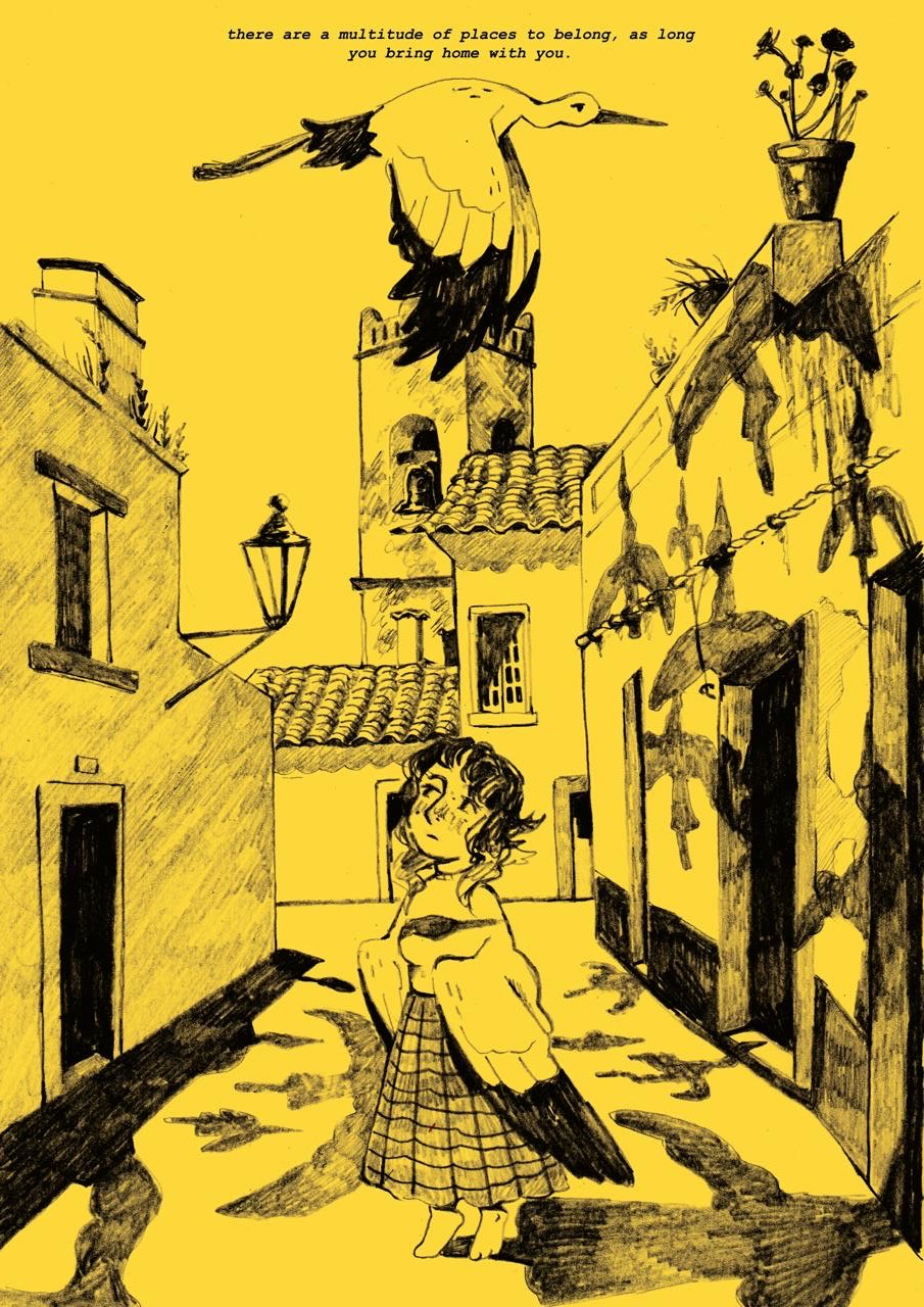 ZINE "WHY I LIKE BIRDS" MENDI MENDES Ilustração de rua antiga com rapaz com asas de pássaro e texto em inglês sobre pertença