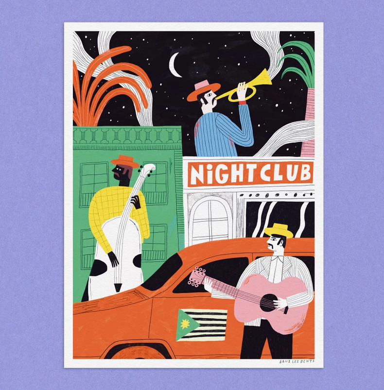 ILUSTRAÇÃO "NIGHT CLUB" DANS LES DENTS Ilustração colorida de músicos e club nocturno com carro e bandeira