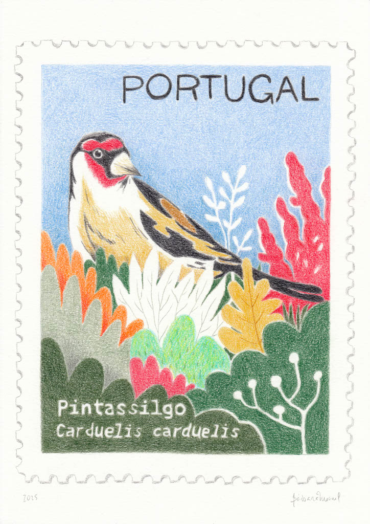 ORIGINAL "PINTASSILGO" BÁRBARA AMARAL Selo com pintassilgo colorido em meio a folhas e flores, com textos