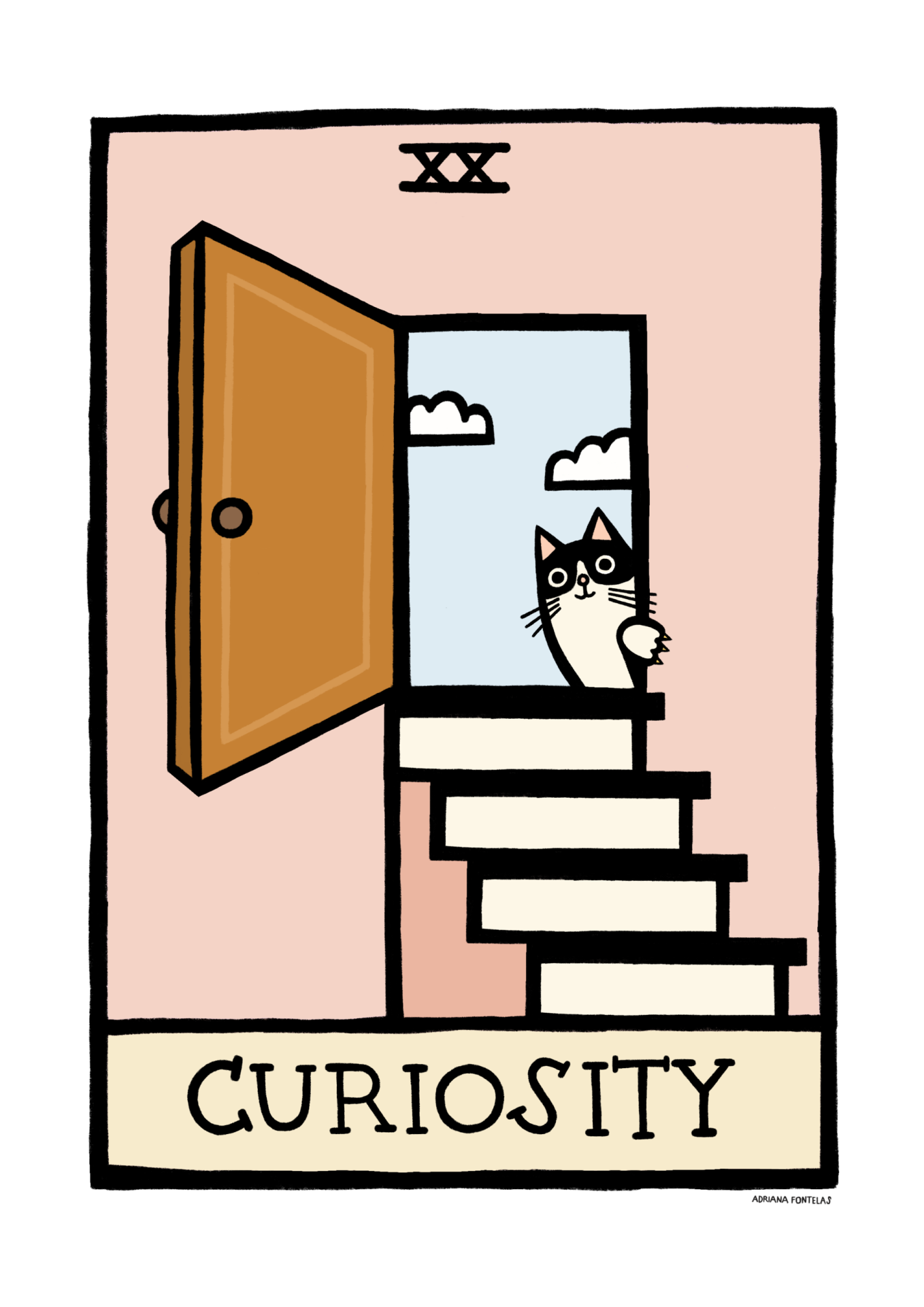 ILUSTRAÇÃO "XX - CURIOSITY" ADRIANA FONTELAS Ilustração de gato a espreitar por uma janela em escada com porta aberta e céu azul ao fundo.