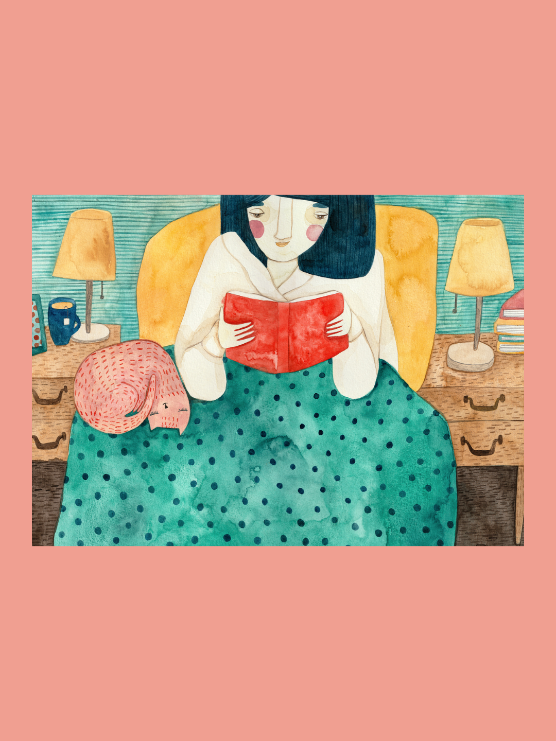 ORIGINAL "BOOK AND CAT I" MIRJAM SIIM Pessoa a ler livro na cama com gato e mesas de cabeceira com candeeiros.