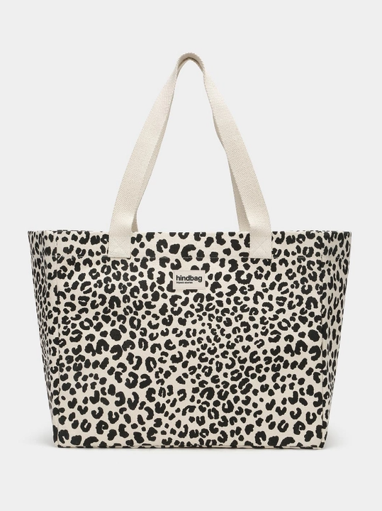 MALA CLAUDE HINDBAG Mala de tecido com padrão animal print preto e branco e alças bege