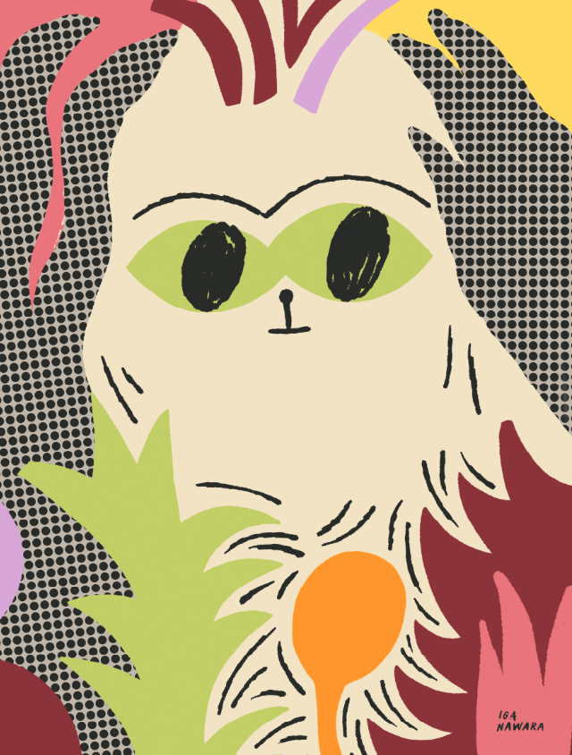 ILUSTRAÇÃO "ATO DE ESPREITAR" IGA NAWARA Ilustração abstrata de gato com olhos verdes e formas coloridas