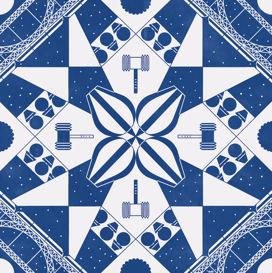 AZULEJO "SANTOS DA CASA" MARIA TERESA RANGEL Padrão geométrico azul e branco com martelos e formas abstratas.
