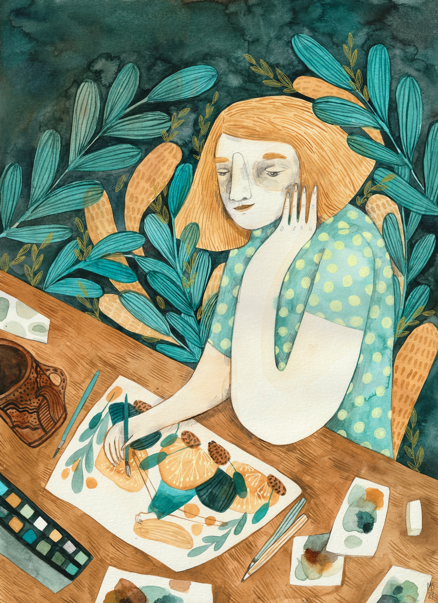ILUSTRAÇÃO "PAINT MORE" MIRJAM SIIM Ilustração de mulher a pintar folhas em aguarela numa mesa rodeada por materiais de pintura