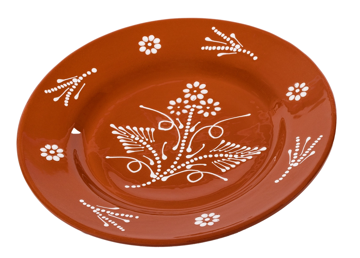 PRATO PINTADO "Nº2" SOCERAMICA Prato de cerâmica vermelho com padrão floral branco