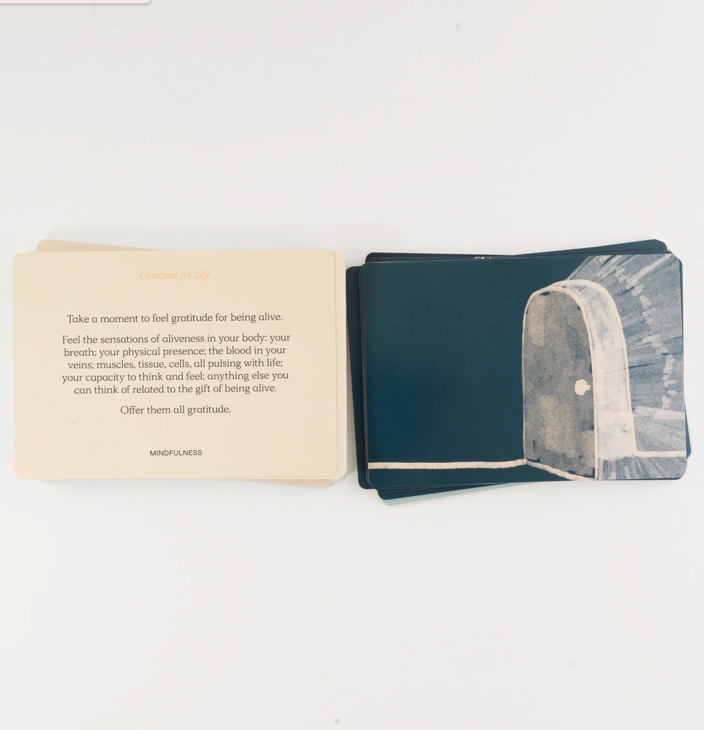 BARALHO "LETTING YOUR SHADOW IN" - PEOPLE I'VE LOVED Cartas de mindfulness com texto e ilustrações em papel creme e azul escuro
