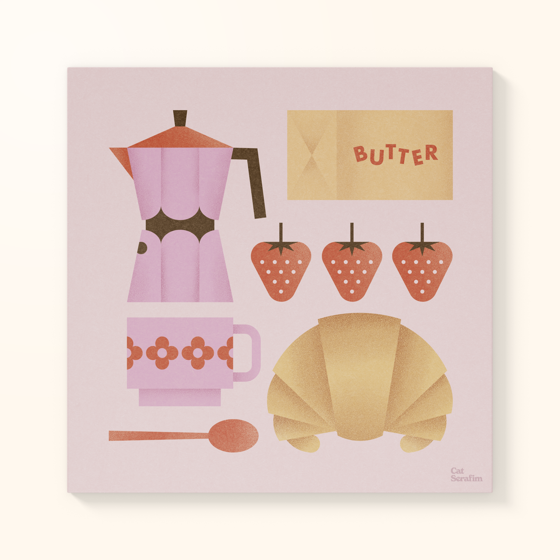 AZULEJO "BREAKFAST CLUB" CAT SERAFIM Ilustração de acessórios para pequeno-almoço com cafeteira cor-de-rosa, morangos, embalagem marcada com BUTTER, chávena decorada, colher e croissant num fundo rosa