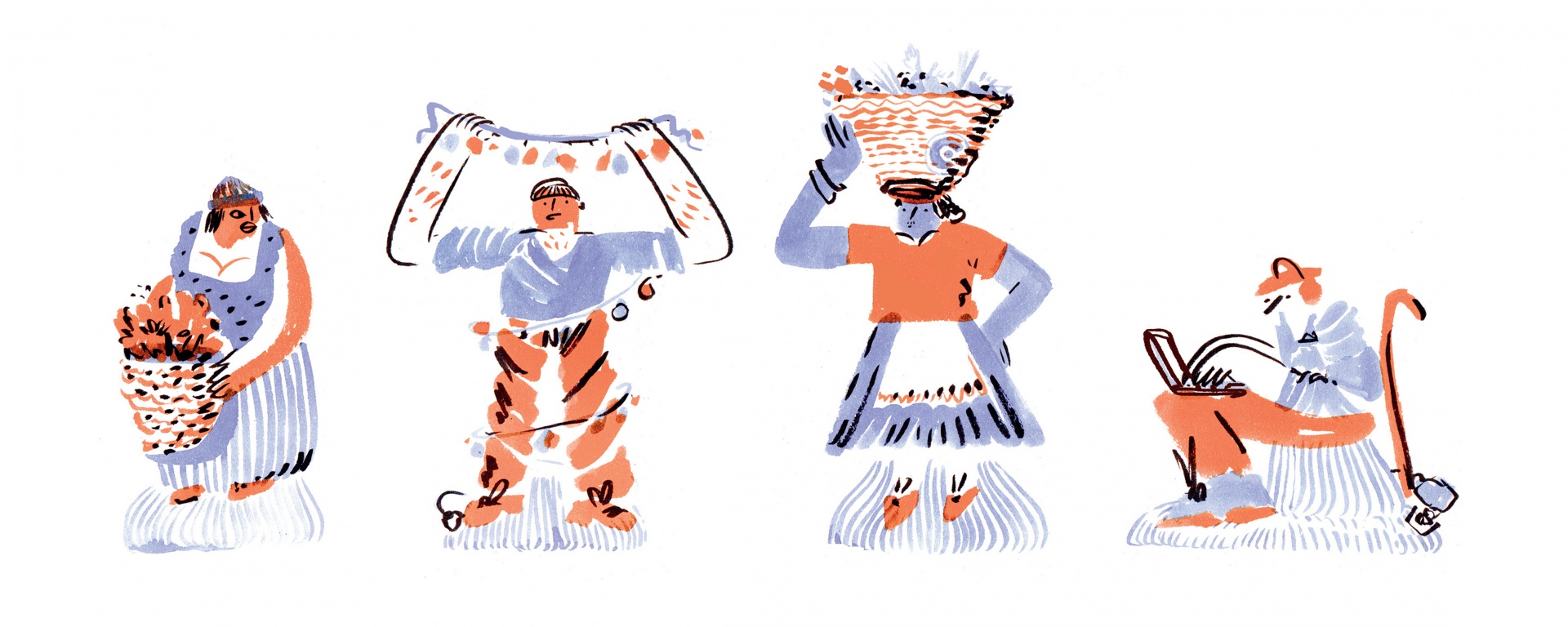 ILUSTRAÇÃO "EVOLUÇÃO" GABRIELA ARAÚJO Quatro personagens ilustrados com roupas tradicionais e cestos, um lendo um livro.