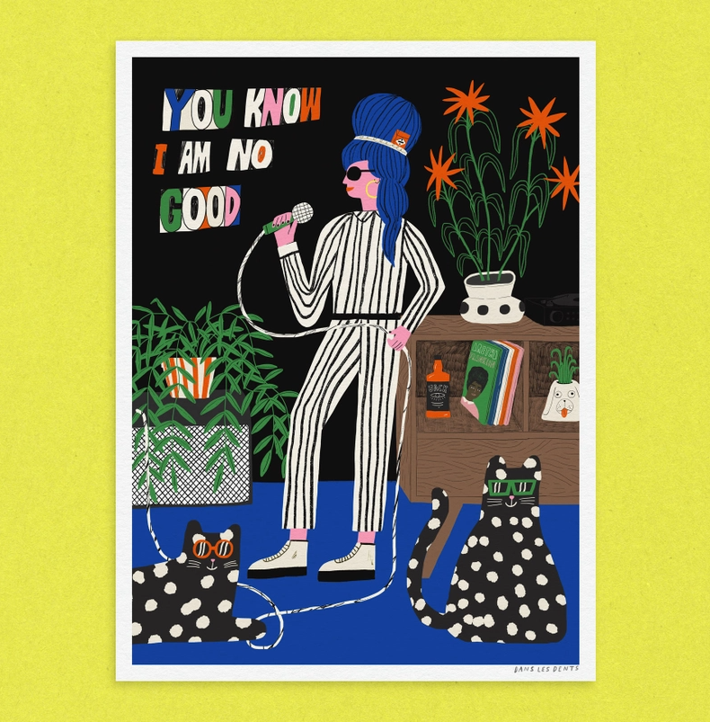 ILUSTRAÇÃO "YOU KNOW I AM NO GOOD" DANS LES DENTS Ilustração de pessoa com fato riscado branco e preto com microfone e duas caixas pretas com manchas e plantas