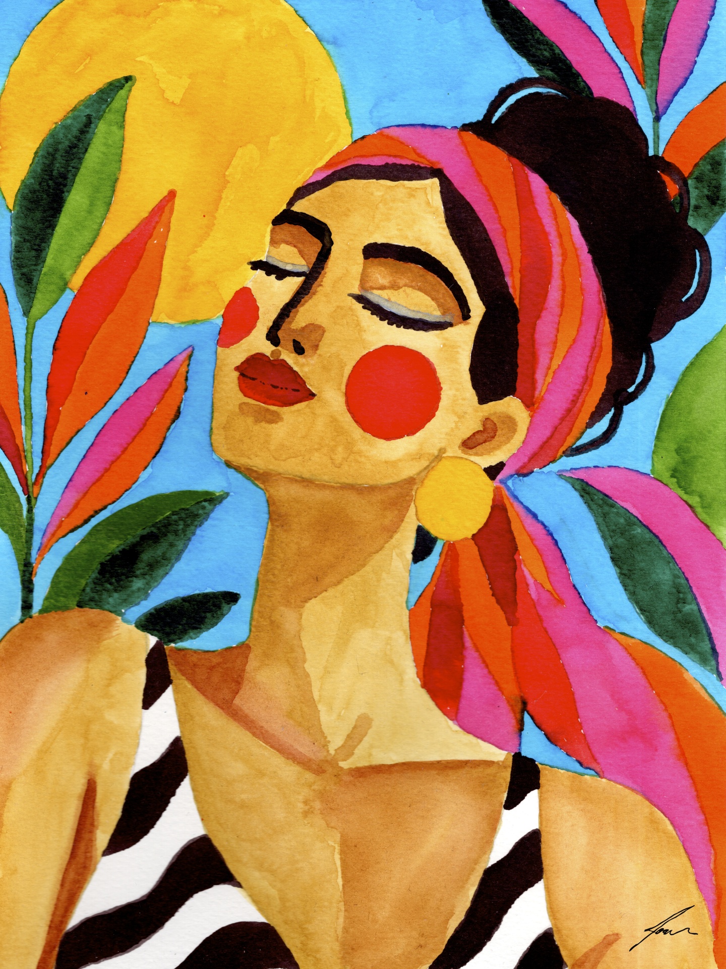 ILUSTRAÇÃO "SUNKISSED I" JOANA NÓBREGA Pintura moderna de mulher com lenço colorido na cabeça e folhas ao fundo.