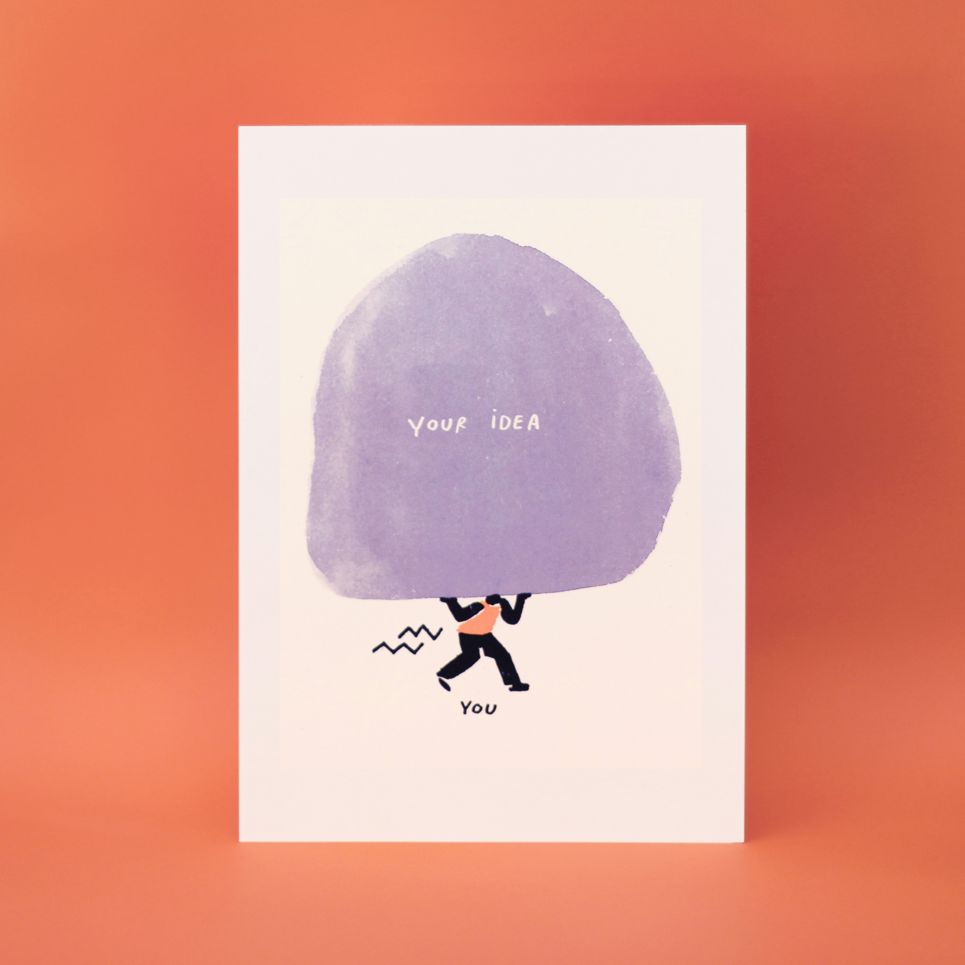 ILUSTRAÇÃO " A TUA IDEIA" GABRIELA ARAÚJO Cartão com ilustração de pessoa a carregar bloco lilás com texto