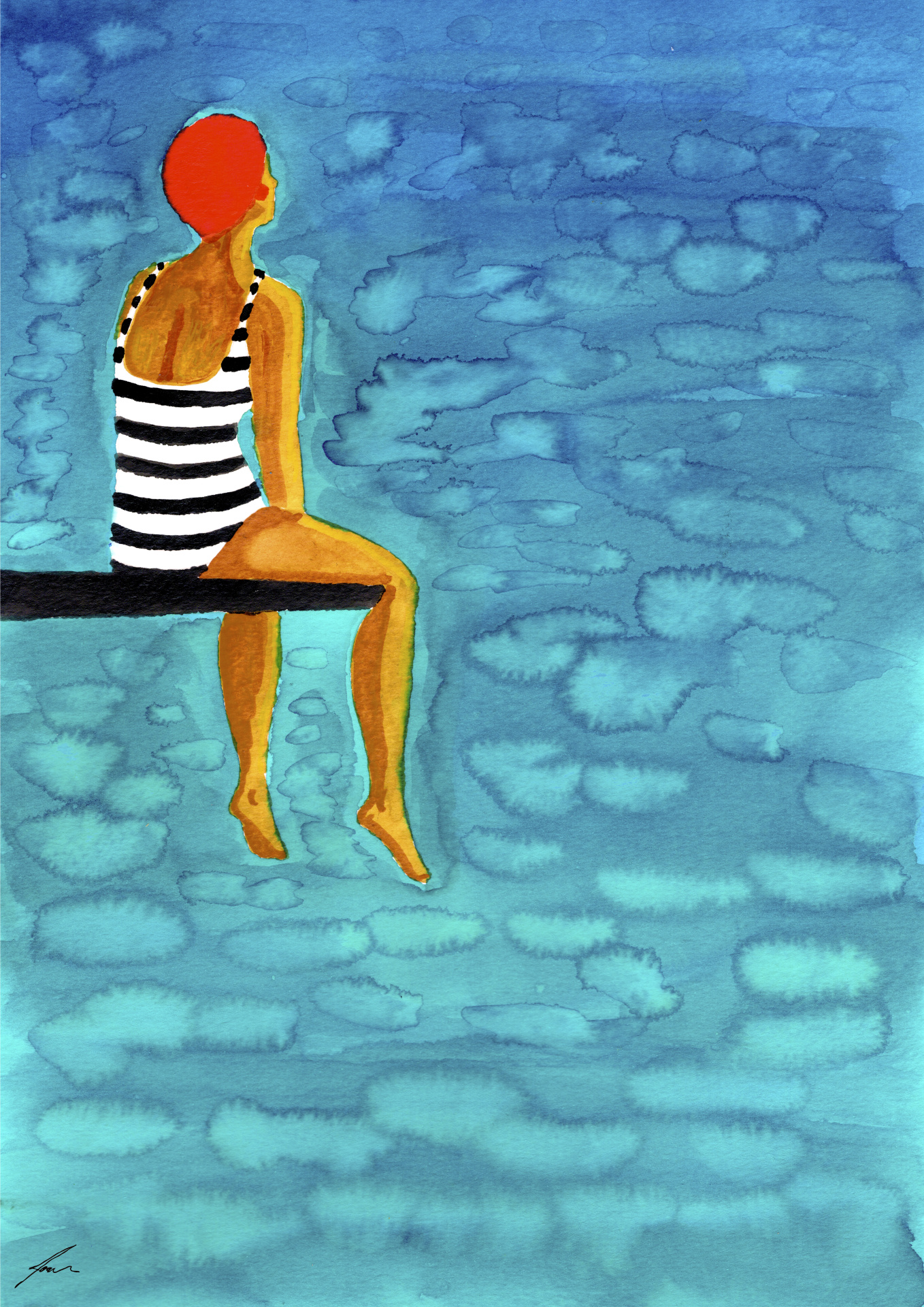 COLETIVO BEST OFF 2026 "ESPERA" JOANA NÓBREGA Pessoa com fato de banho às riscas preto e branco sentada numa prancha em fundo azul abstrato.