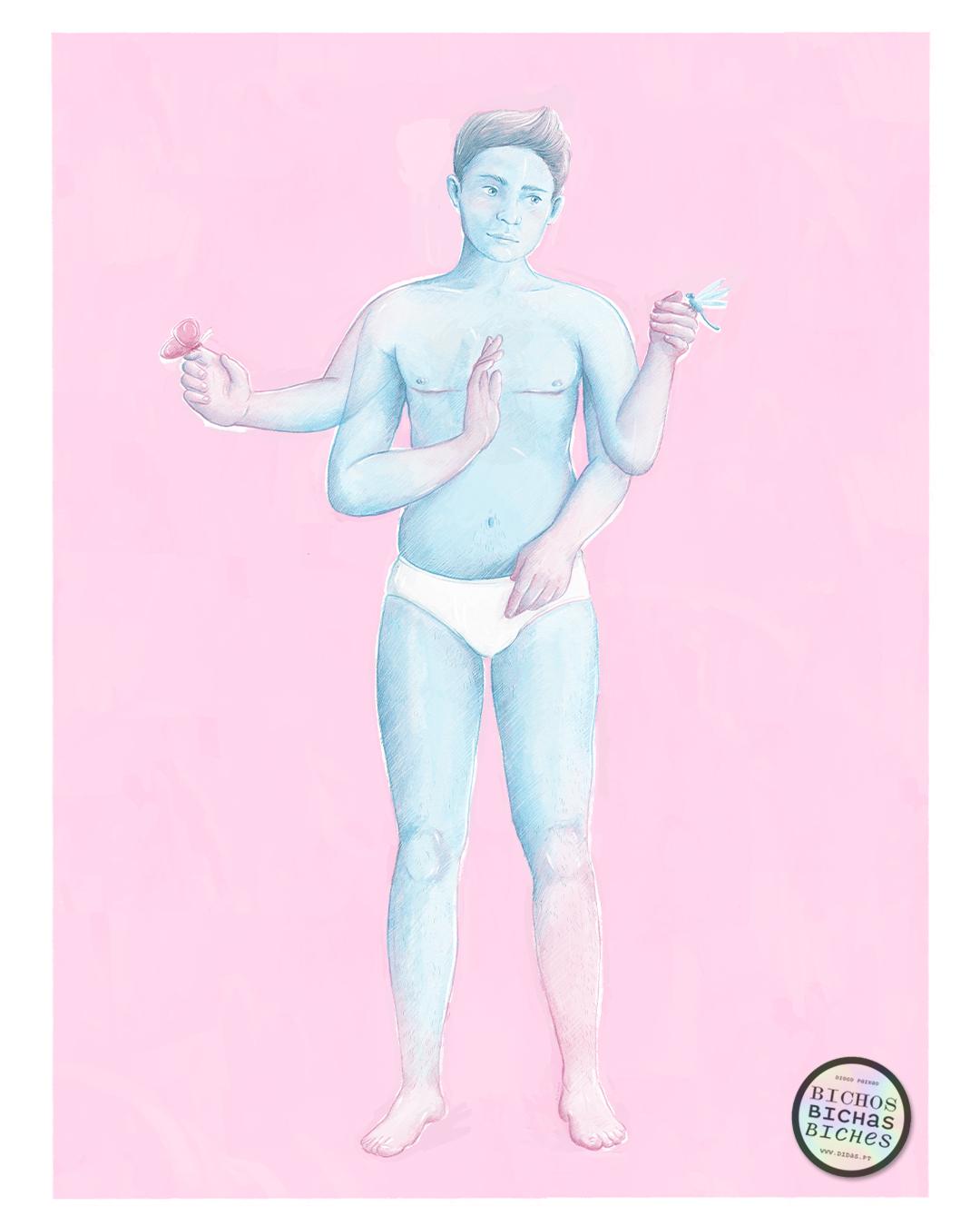 ILUSTRAÇÃO "CAENEUS" DIOGO PAIXÃO Ilustração de homem azul claro com quatro braços em fundo rosa.