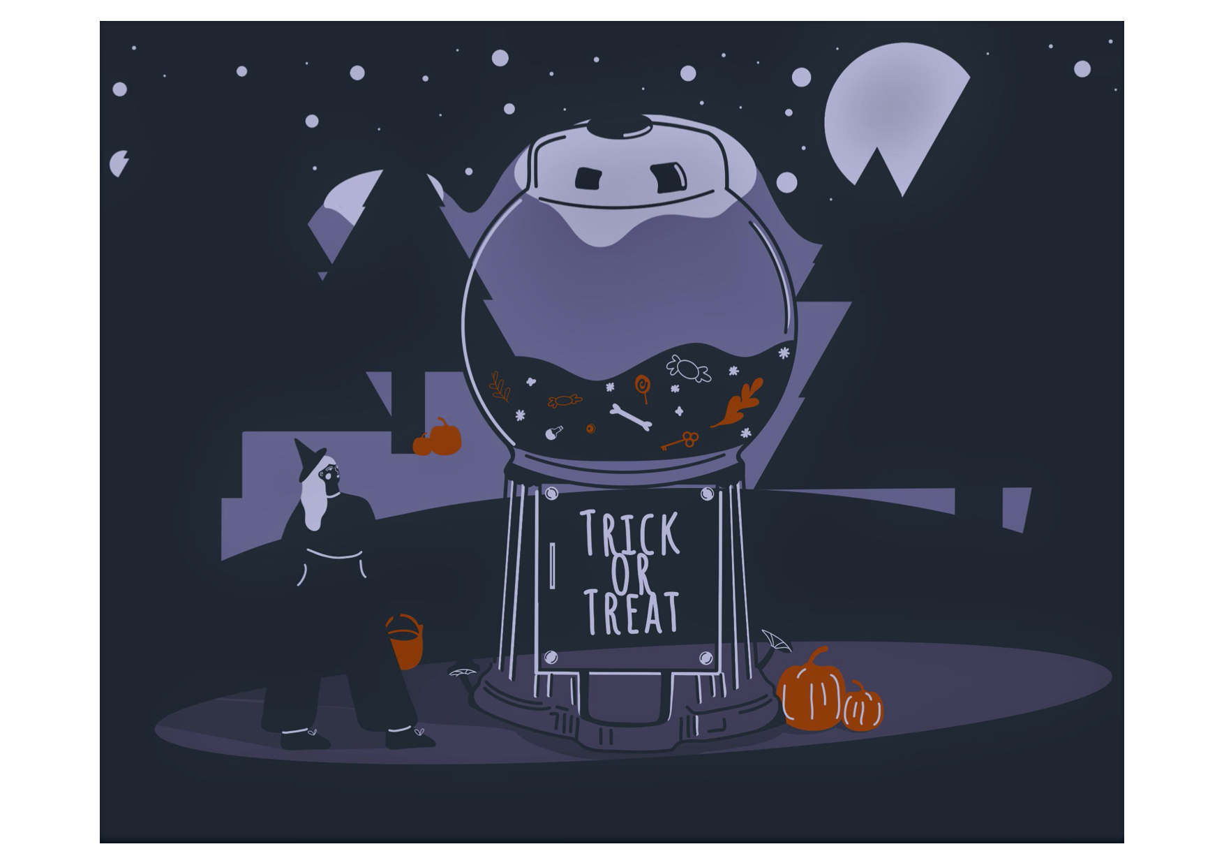 "TRICK OR TREAT" DE MARIANA GUSMÃO - Quem vais ser? O que vais fazer? Doce ou travessura? Ilustração de Halloween com dispensador de doces e abóboras