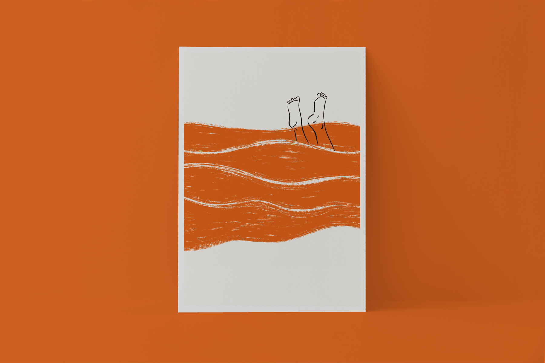 ILUSTRAÇÃO "MAR" JOANA MUNDANA Cartão postal com ilustração minimalista de pernas e ondas laranja sobre fundo laranja