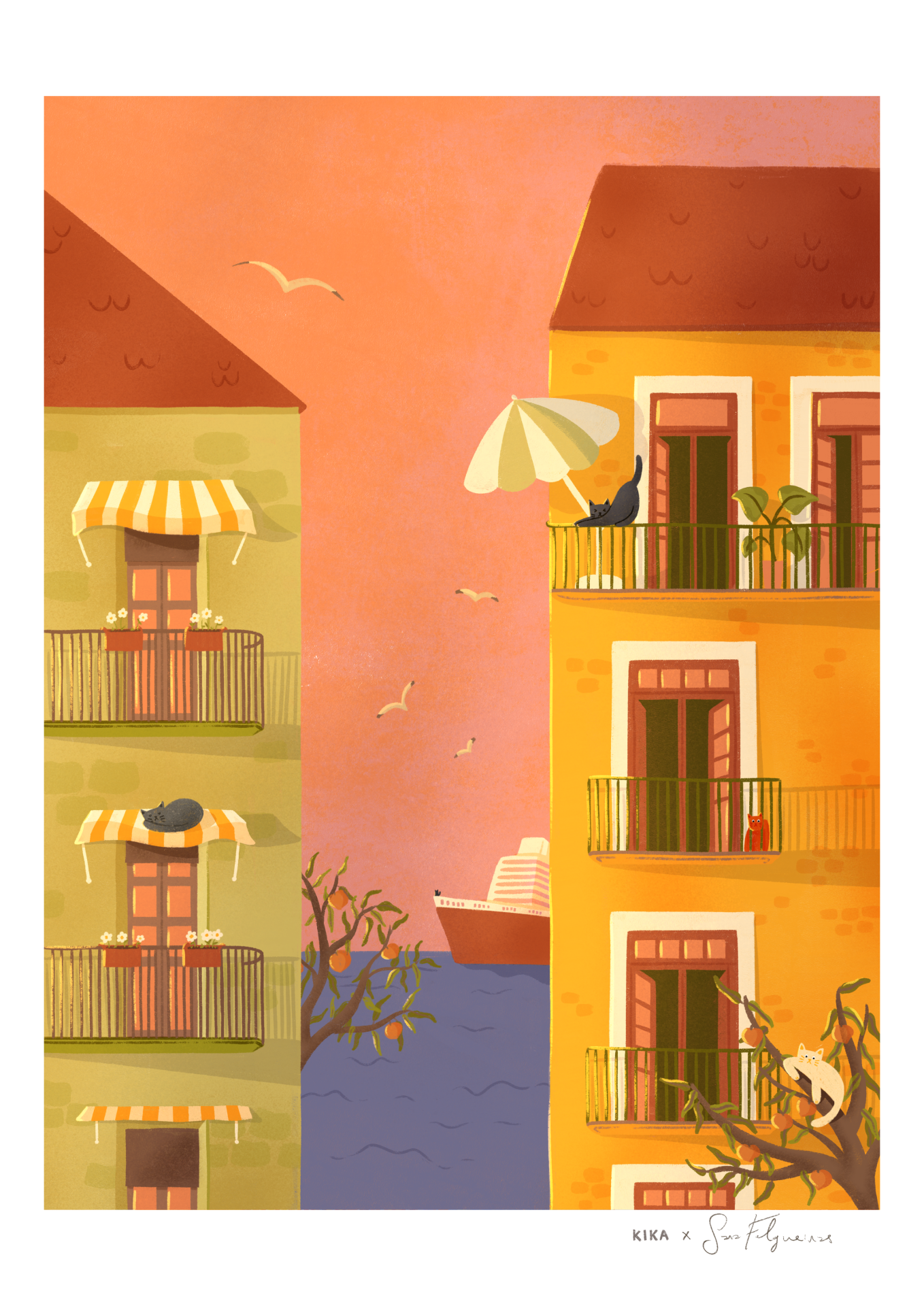 ILUSTRAÇÃO "KITTY CITY- SUMMER KIKA E SARA FELGUEIRAS Edifícios coloridos com varandas, guarda-sóis, gatos e mar ao fundo num céu alaranjado.