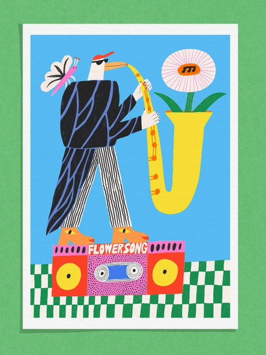 ILUSTRAÇÃO "FLOWER SONG" DANS LES DENTS Ilustração de pássaro tocando saxofone com flor, borboleta e aparelhagem rosa com texto FLOWERSONG
