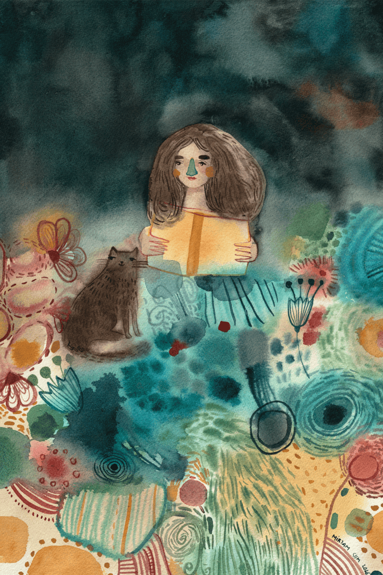 ILUSTRAÇÃO "BOOK AND CAT II" MIRJAM SIIM Ilustração aguarela menina com livro e gato em fundo colorido abstrato