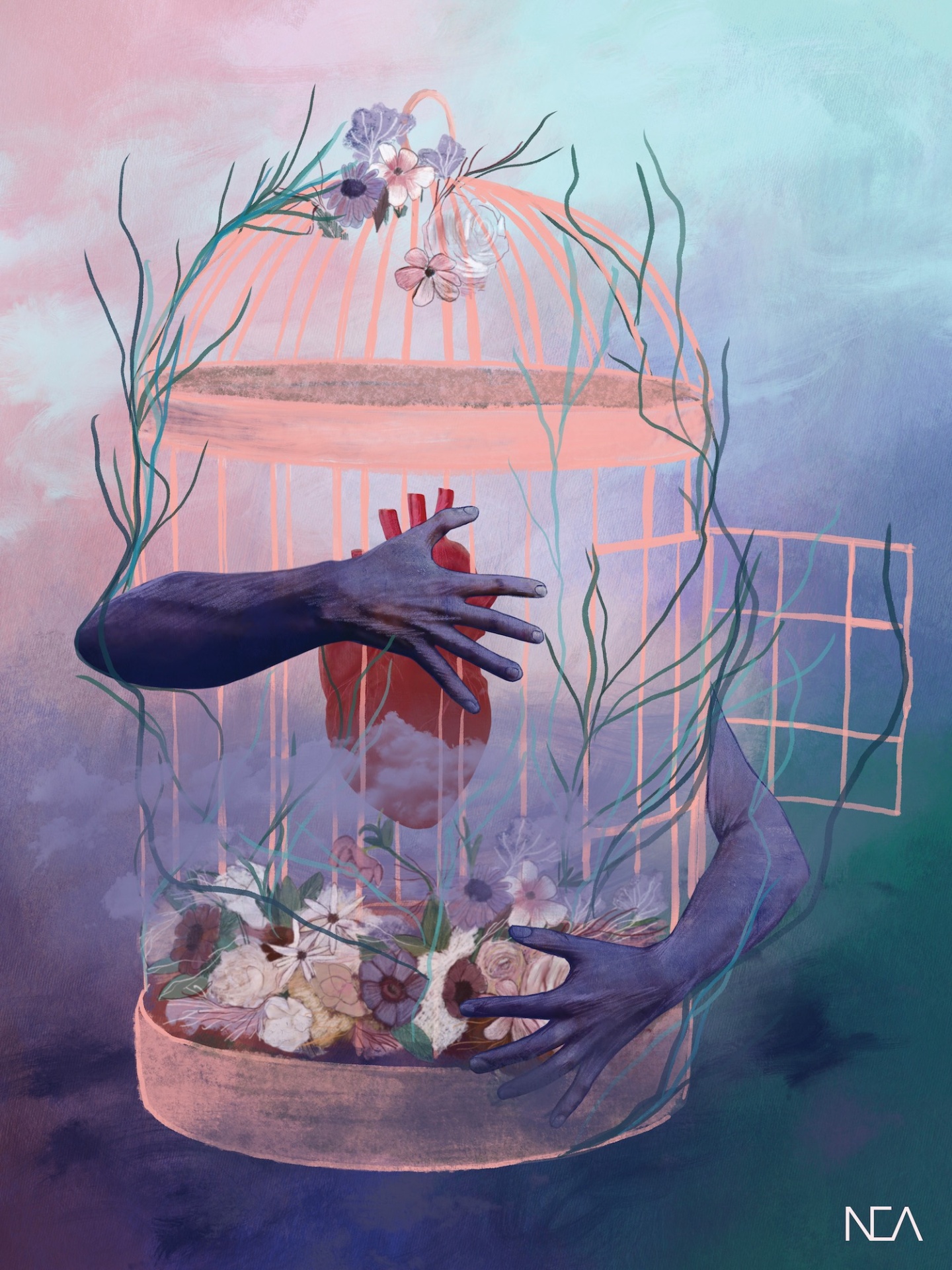 ILUSTRAÇÃO "9. TENDERNESS" NEA LIKAR Gaiola cor-de-rosa com flores e coração anatômico rodeado por mãos roxas sobre fundo azul e roxo