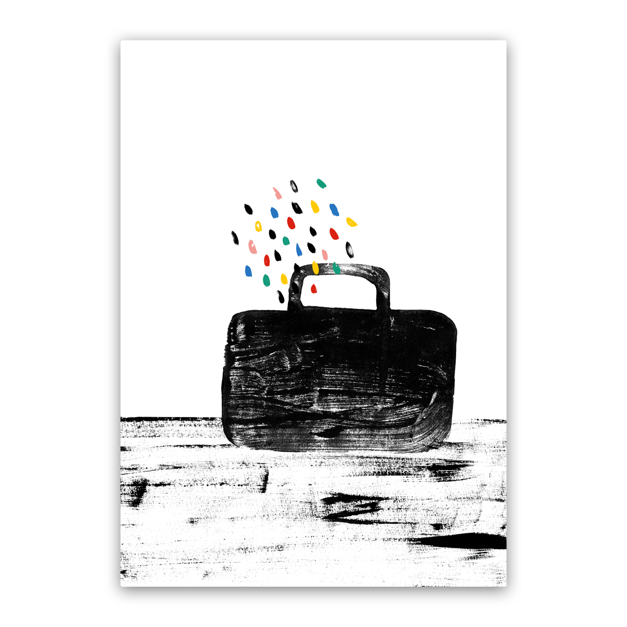 ILUSTRAÇÃO "TUDO CÁ DENTRO" BÁRBARA R. Ilustração minimalista de mala preta com gotas coloridas