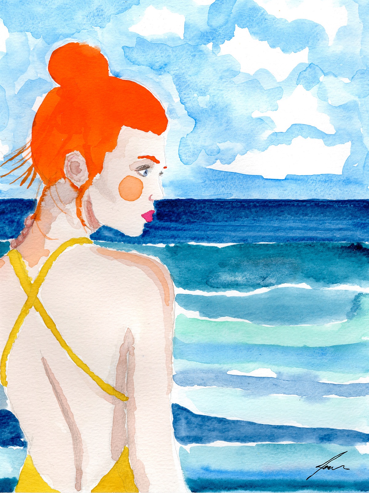 ORIGINAL "MULHER OLHANDO O MAR" JOANA NOBREGA Aquarela de mulher ruiva de costas em fato de banho amarelo junto ao mar