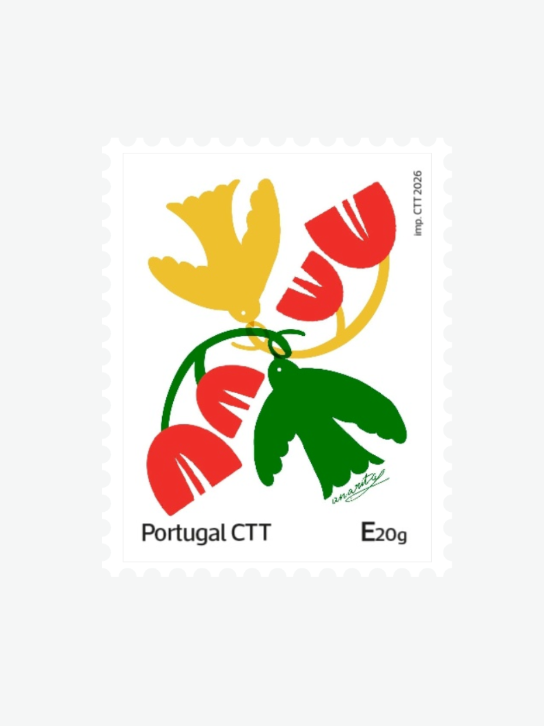 SELO "1. VAMOS DAR ASAS À LIBERDADE" ANA RITA ROBALO Selo postal com ilustração colorida de pássaros e flores, texto Portugal CTT e E20g