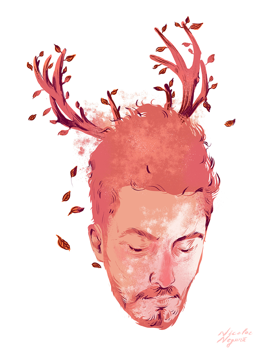 ILUSTRAÇÃO "THE AUTUMN LEAVES" NICOLAE NEGURA Ilustração de uma cabeça masculina rosa com galhos e folhas a crescer da cabeça
