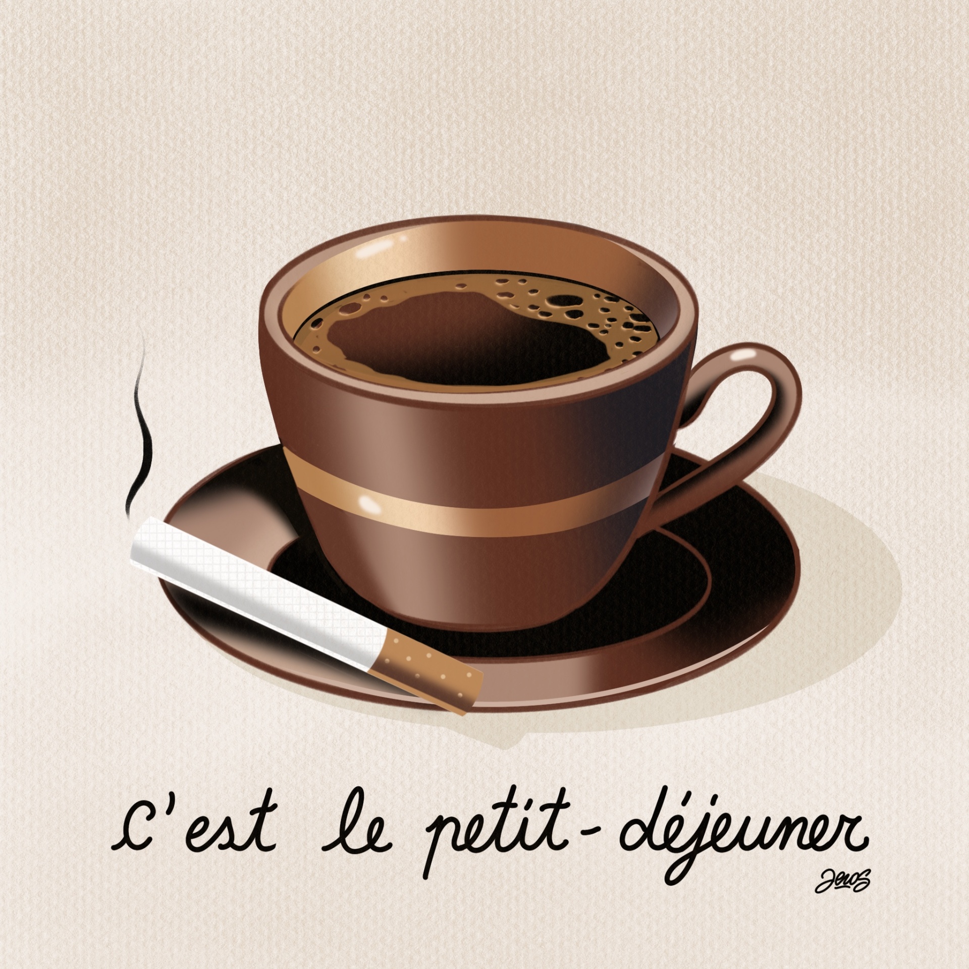 AZULEJO "C’EST LE PETIT-DÉJEUNER" ZEROS TATTOO Chávena de café preto com faixas douradas, pires preto e cigarro, texto em francês.