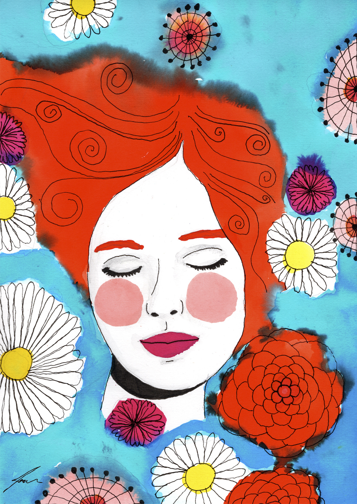 ORIGINAL "FLUTUANDO COM FLORES" JOANA NOBREGA Desenho artístico de mulher ruiva com flores coloridas ao redor