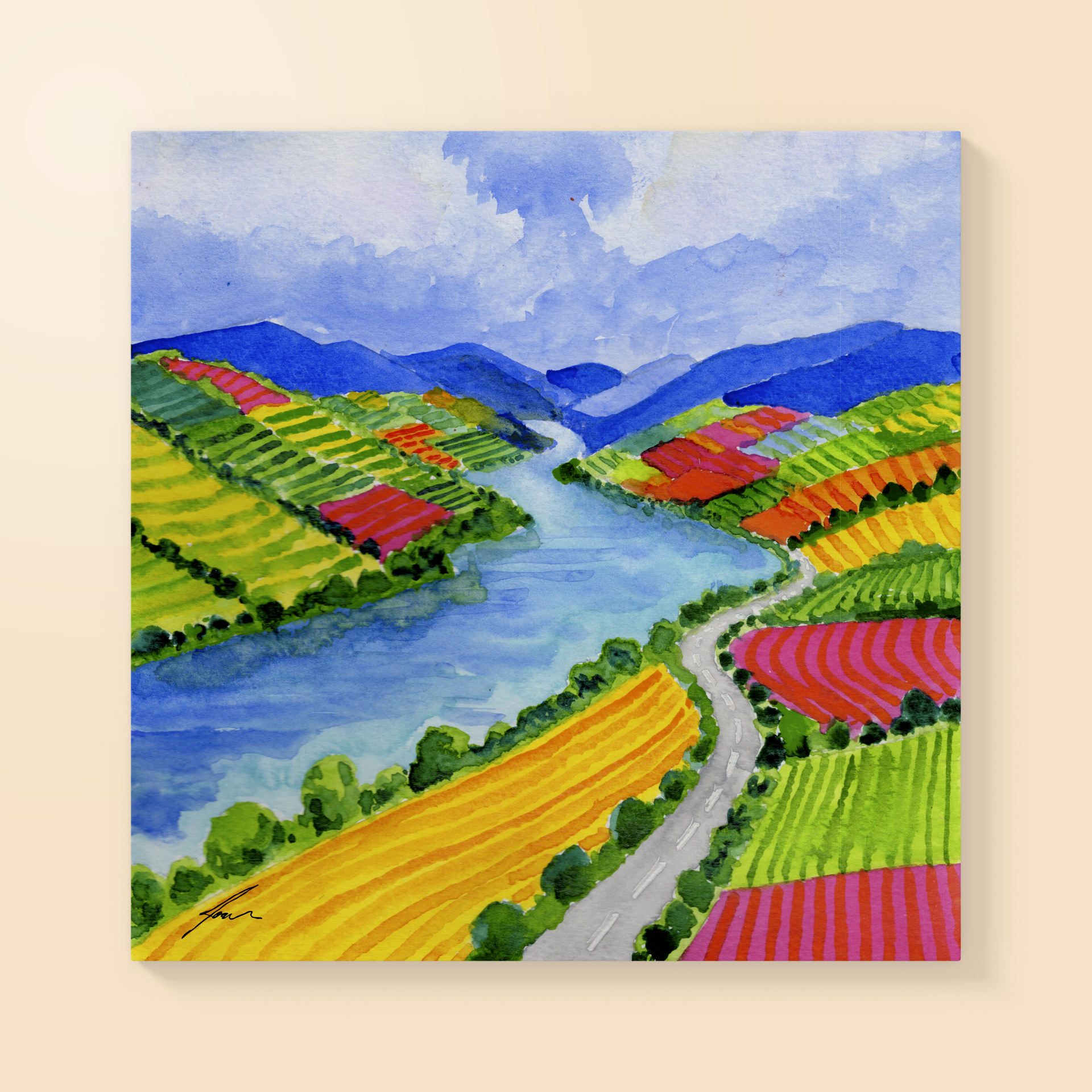 ILUSTRAÇÃO "DOURO II" JOANA NÓBREGA Pintura aguarela de paisagem de vinhas coloridas e rio
