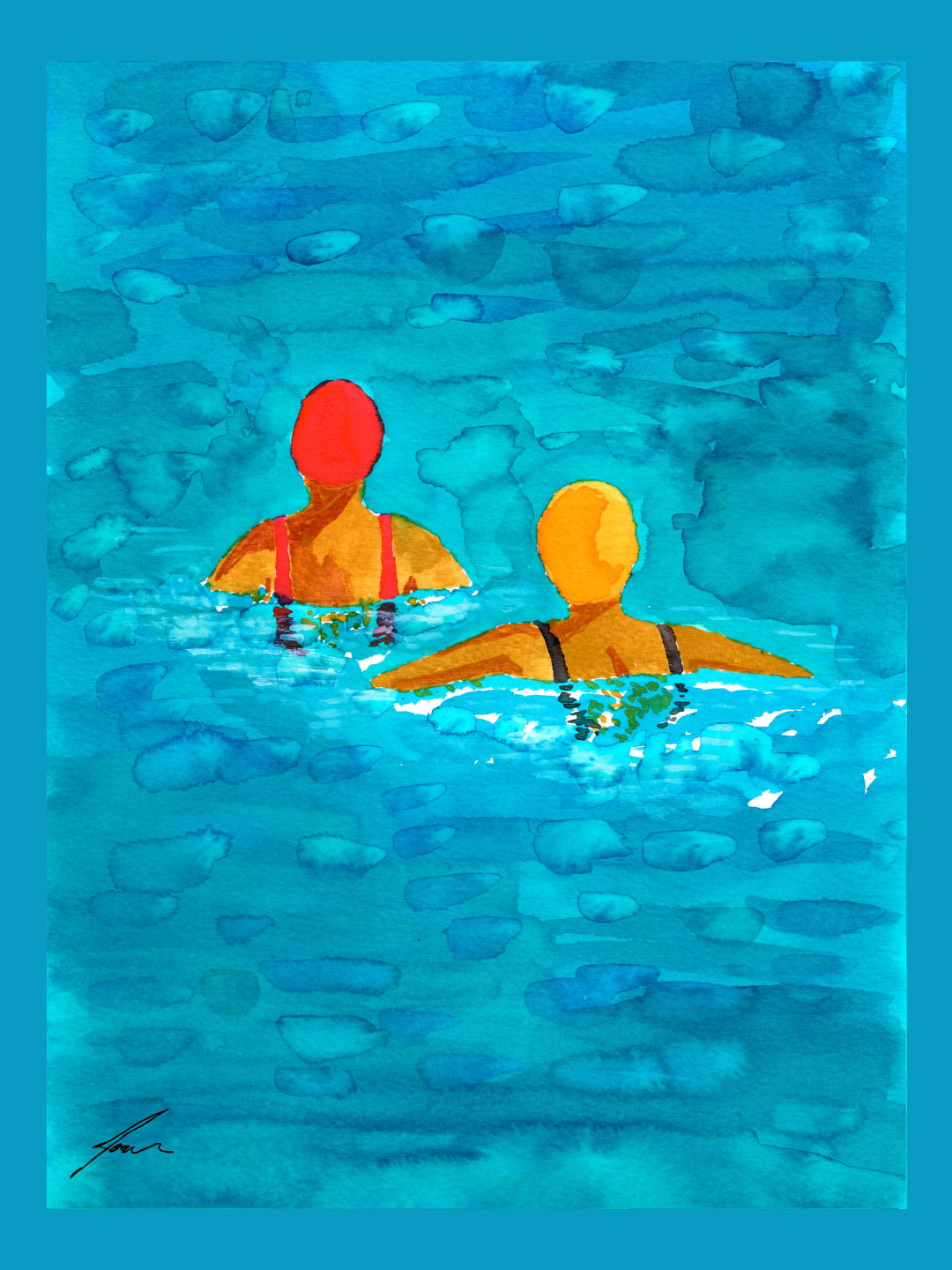 ORIGINAL "COMPANHIA" JOANA NÓBREGA Pintura em aguarela de duas pessoas nadando com toucas e fatos de banho coloridos
