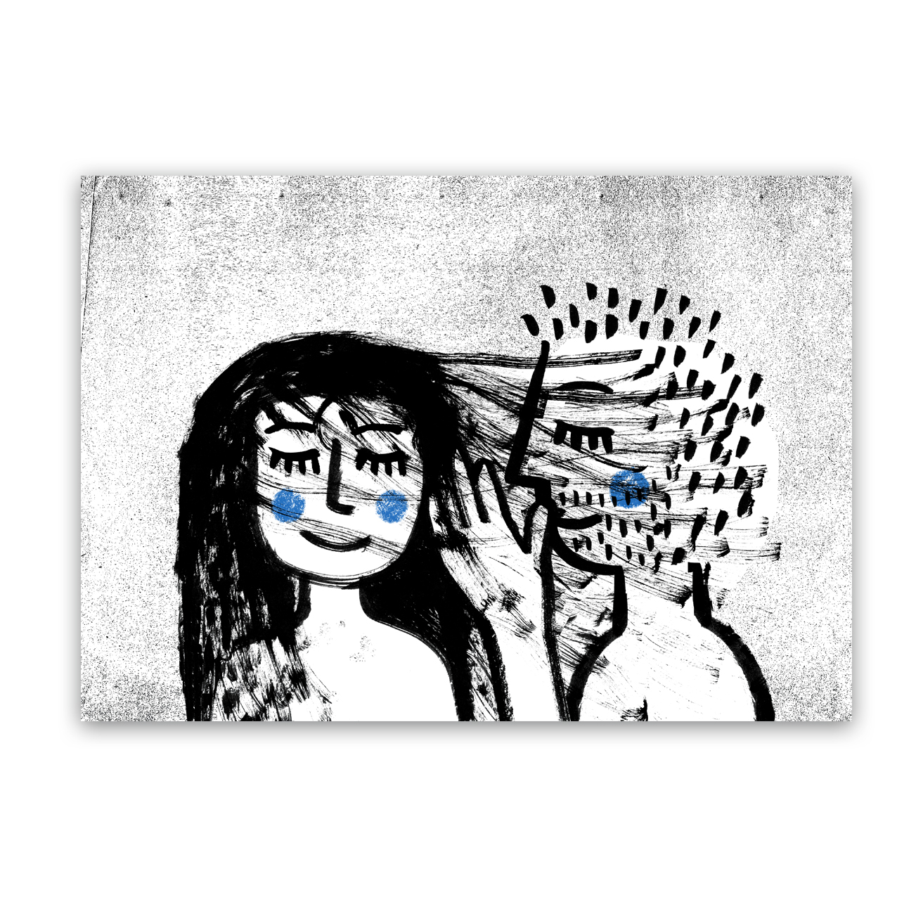 ILUSTRAÇÃO "O VENTO QUE VEM" BÁRBARA R. Desenho a preto e branco de dois rostos femininos com bochechas azuis e fundo cinzento