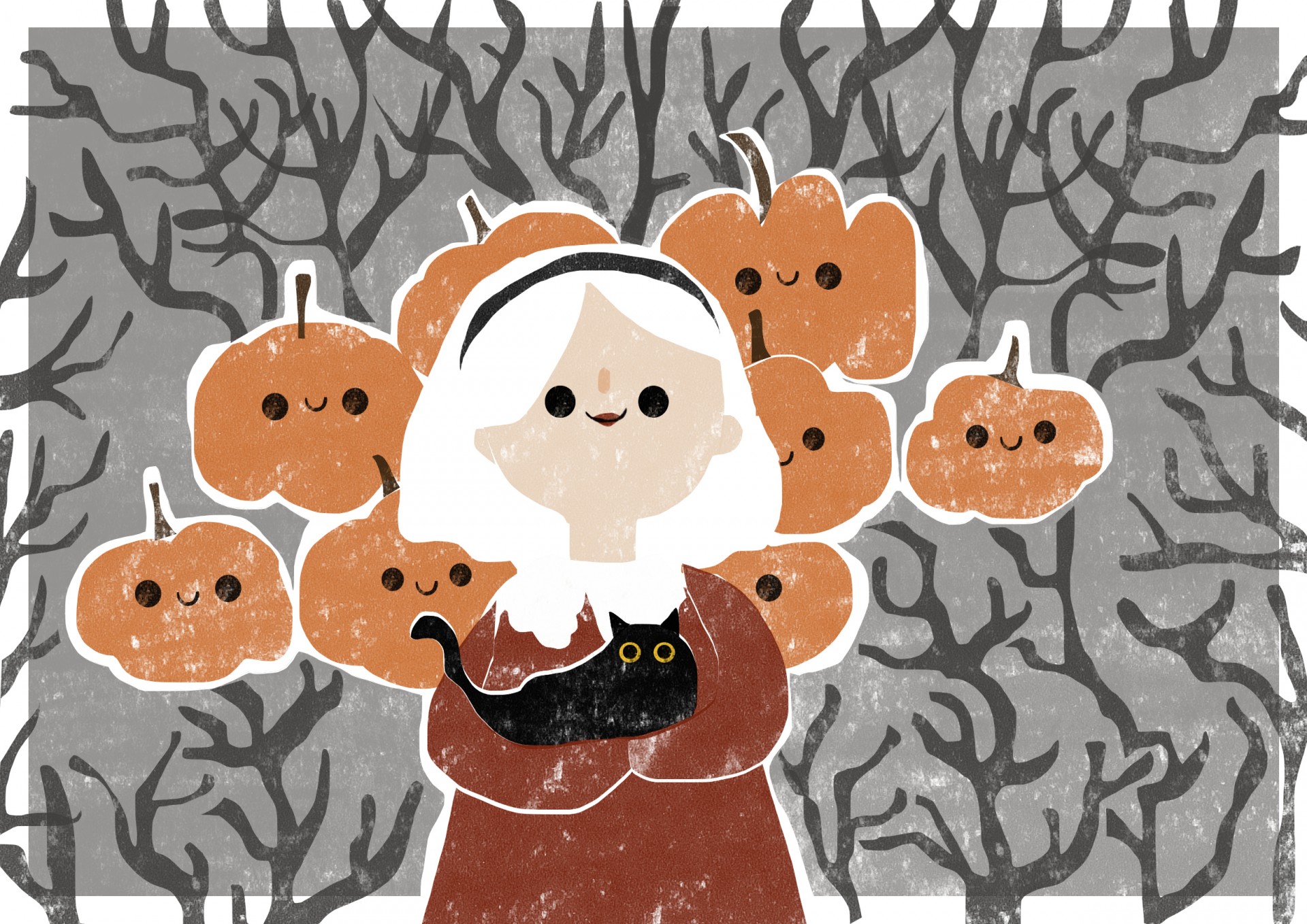 "SABRINA SPELLMAN" GAMBUZINO - QUEM VAIS SER? O QUE VAIS FAZER? DOCE OU TRAVESSURA? Pessoa com gato preto, abóboras alaranjadas e árvores sem folhas