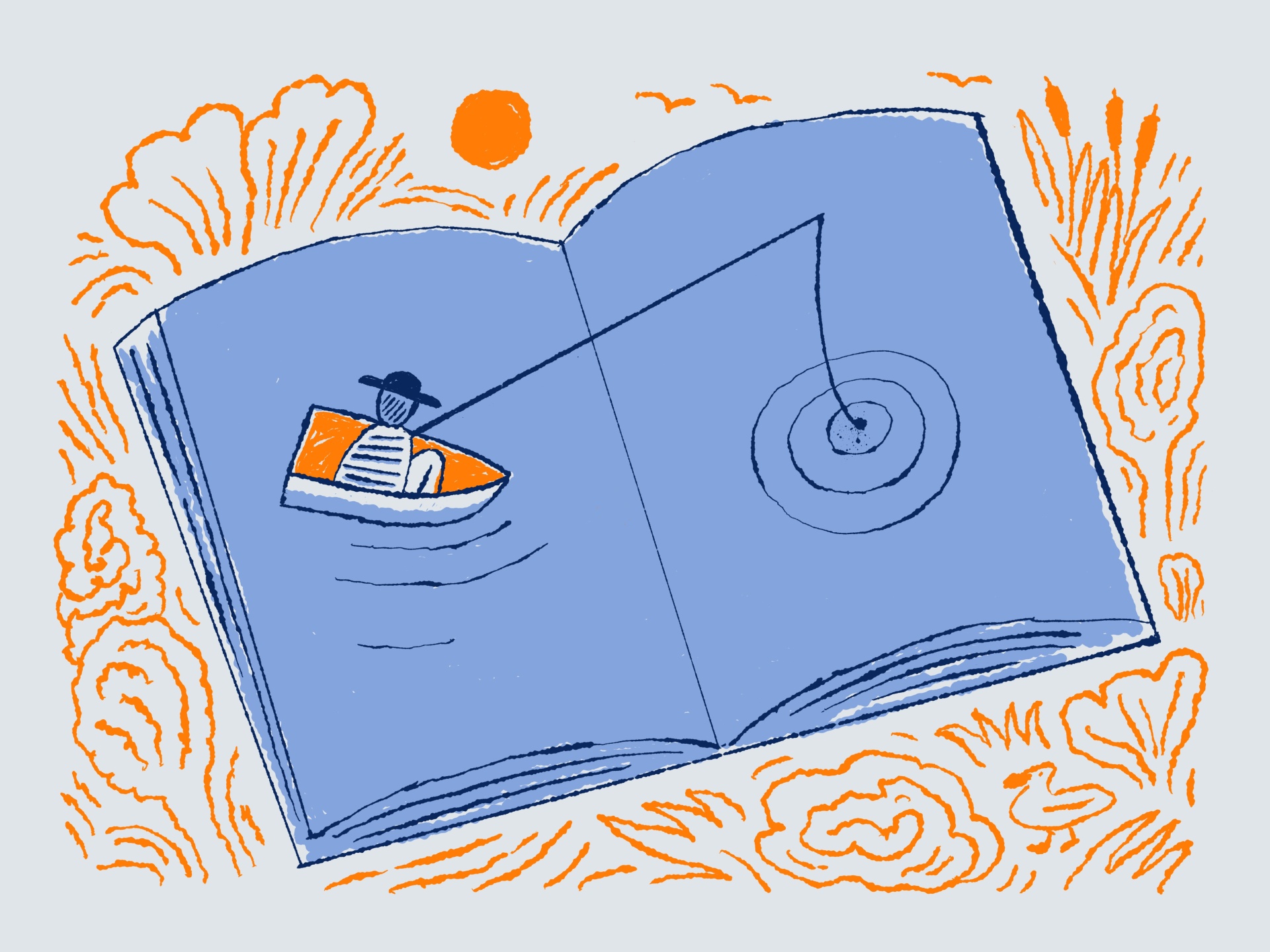 ILUSTRAÇÃO "LIVROS" IGA NAWARA Ilustração de livro aberto azul com pessoa num barco laranja a pescar.