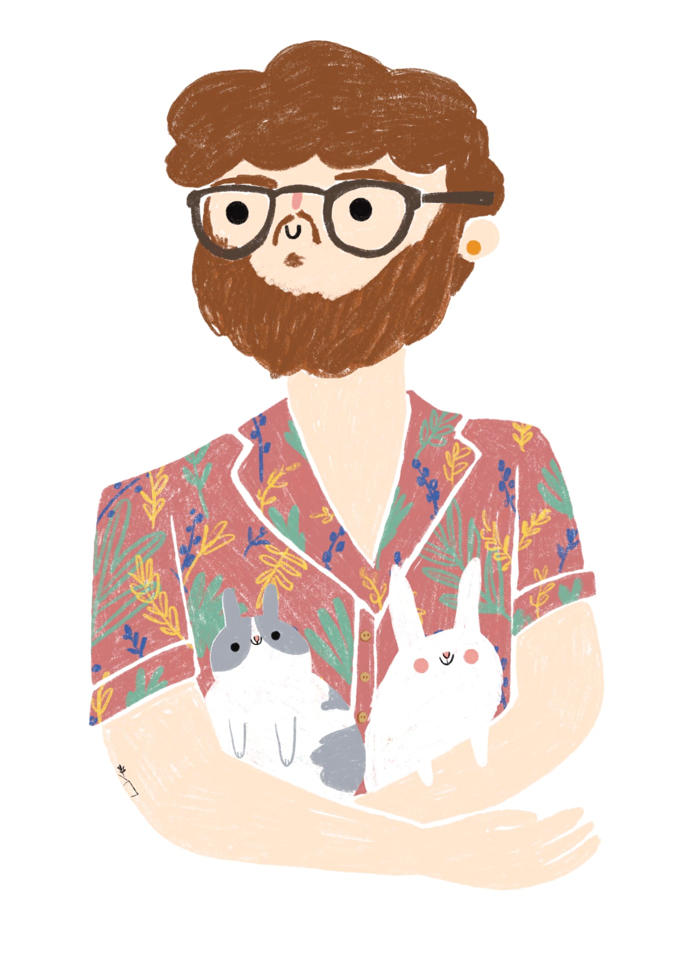 ILUSTRAÇÃO "PROTEGER OS AMIGOS" GAMBUZINO (MARGARIDA ELOY) Homem com barba e óculos segurando dois coelhos em camisa floral colorida