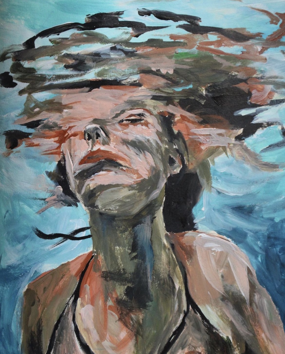 ORIGINAL "NUA INSPIRAÇÃO" ANA LUÍSA ALMEIDA Pintura a óleo abstrata de mulher com fundo azul resembling água