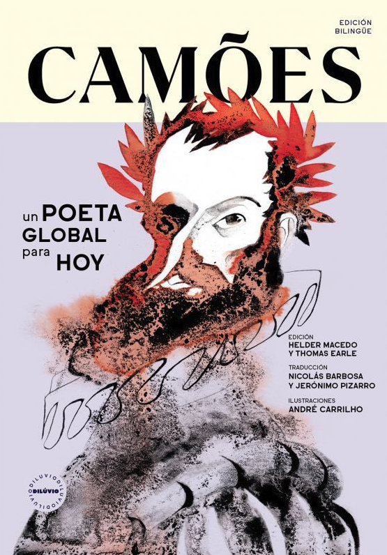 Camões - Un Poeta Global Para Hoy (Português/Espanhol) Editora Dilúvio Capa de livro CAMÕES com ilustração artística de rosto masculino com barba e coroa de folhas vermelhas