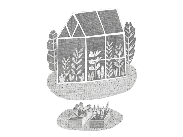 ORIGINAL "ESTUFA 1" DIANA COSTA Desenho a preto e branco de uma estufa com plantas estilizadas