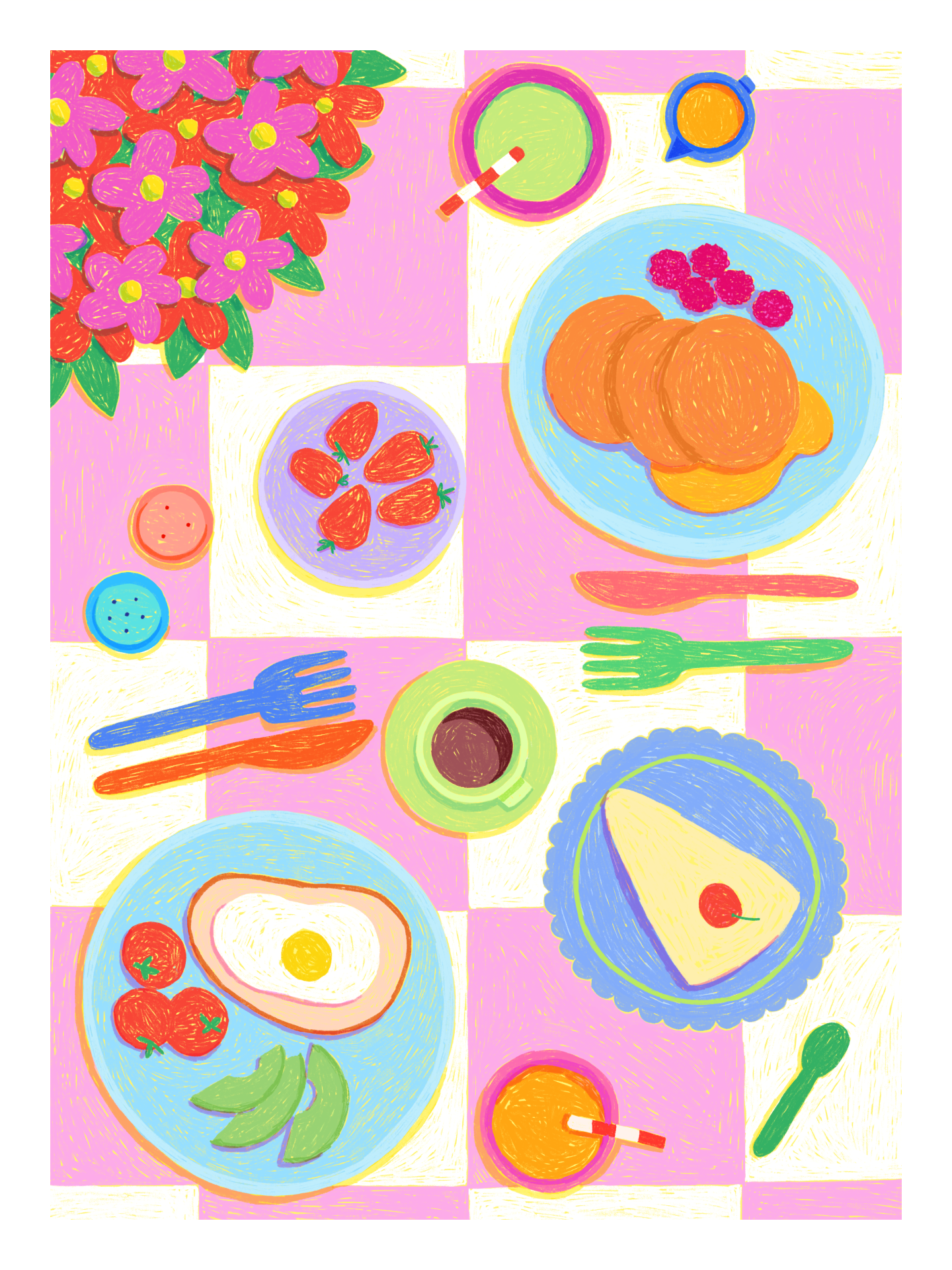 ILUSTRAÇÃO "MESA 1" KIKA ilustração colorida de uma mesa de pequeno-almoço com vários alimentos e flores