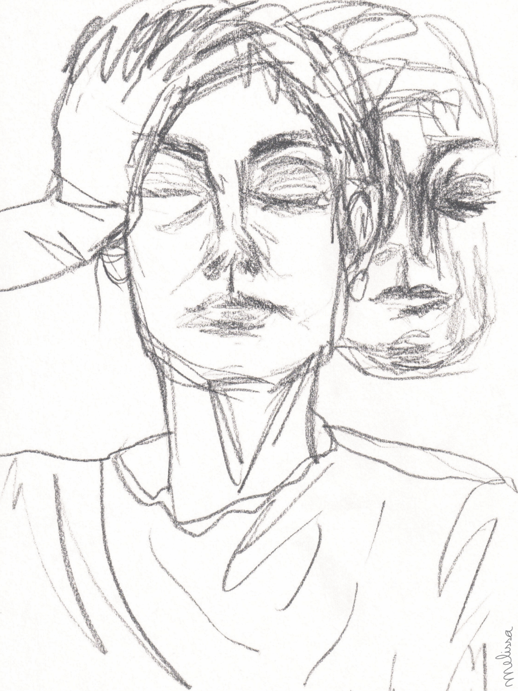ORIGINAL "AQUELA FALSA E TRISTE SEMELHANÇA III" MELISSA CRAYONNE Desenho a lápis de duas faces humanas num fundo branco.